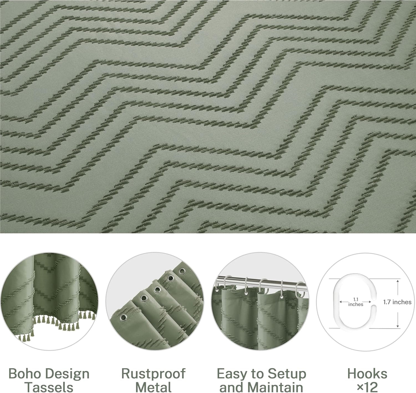 Sage Green Shower Curtain for Bathroom Boho Shower Curtain Cloth Textured Tufted Chevron Elegant Shower Curtains Waterproof for Bathroom 72" x 72"