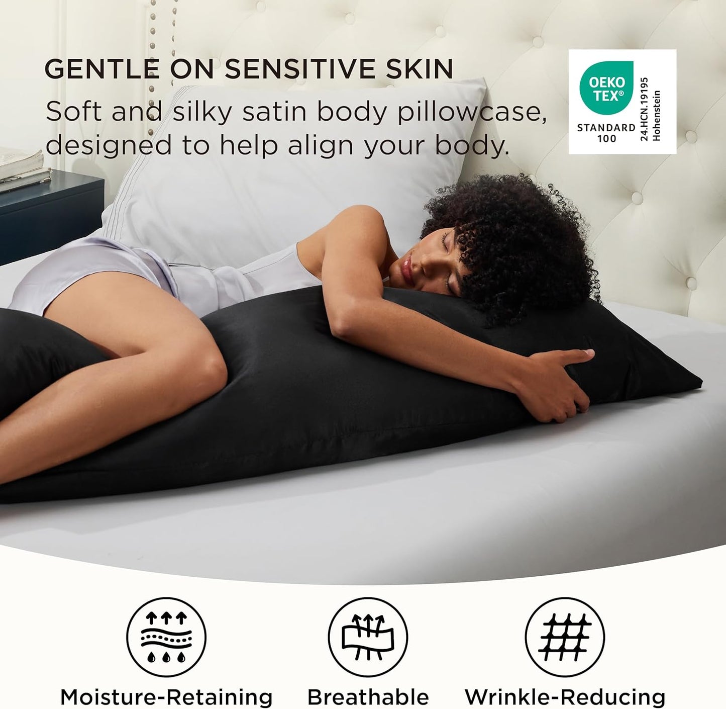 Bedsure Body Pillow Pillowcase - Cooling and Silky Long Body Pillow Covers with Envelope Closure, Satin Similar to Silk Pillowcase for Hair and Skin,Black,20x54 Inches