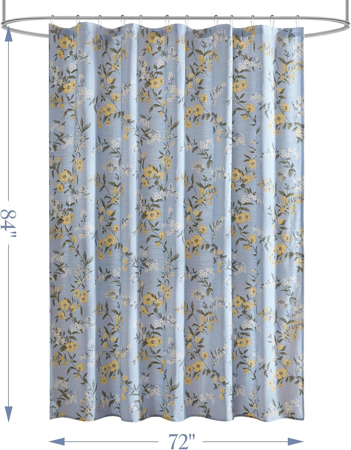 Martha Stewart Meadow Floral Shower Curtain, Cotton-Rich Slub Texture, Timeless Garden Design, Classic to Modern Farmhouse Bathroom Decor, Machine Washable 72"x84", Blue