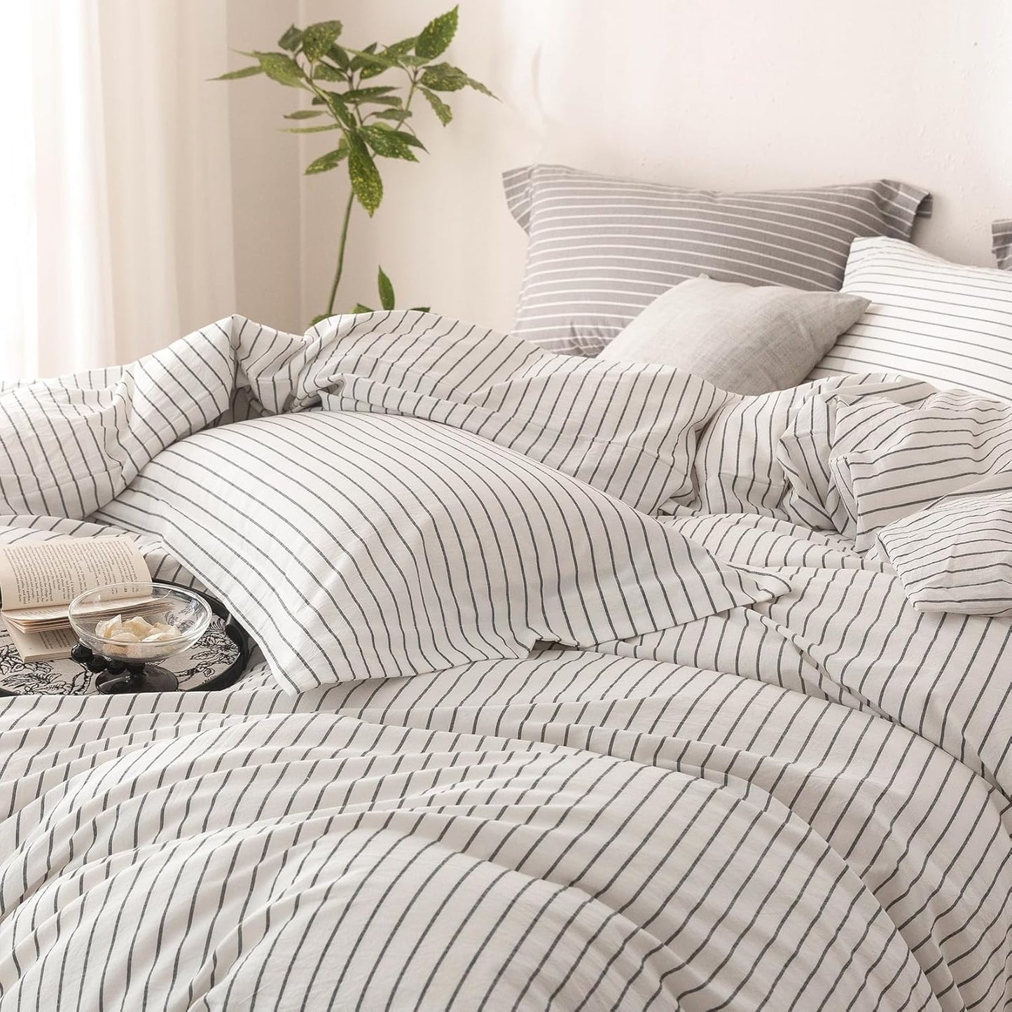 Stripe Duvet Cover Twin Size 90inch x 68inch, 100% Washed Cotton Linen Feel Duvet Cover with Zipper Closure and 1 Pillowcases, Color of White-Dark Grey Stripe