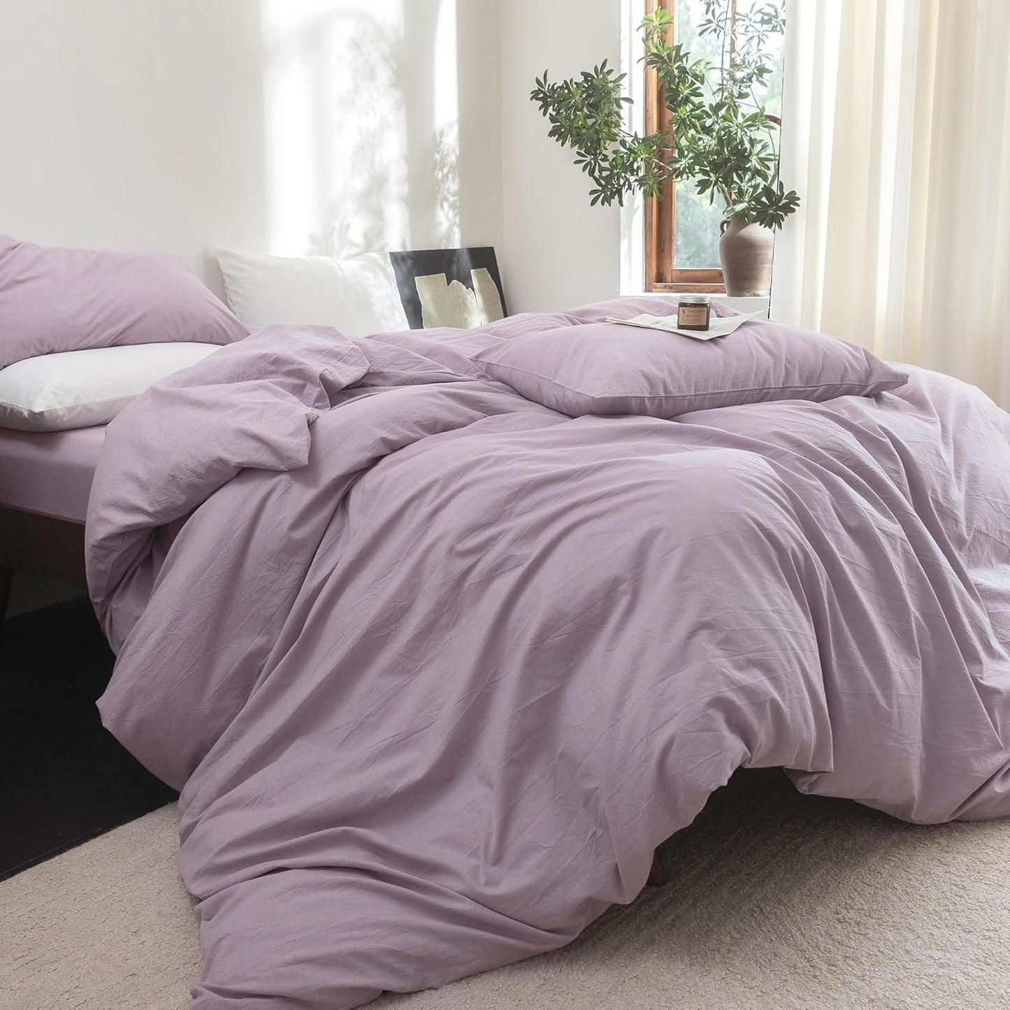 FOSSA Duvet Cover Set 100% Washed Cotton Linen Feel Super Soft Breathable Cozy 3 Pieces Bedding Sets Solid Light Purple Queen