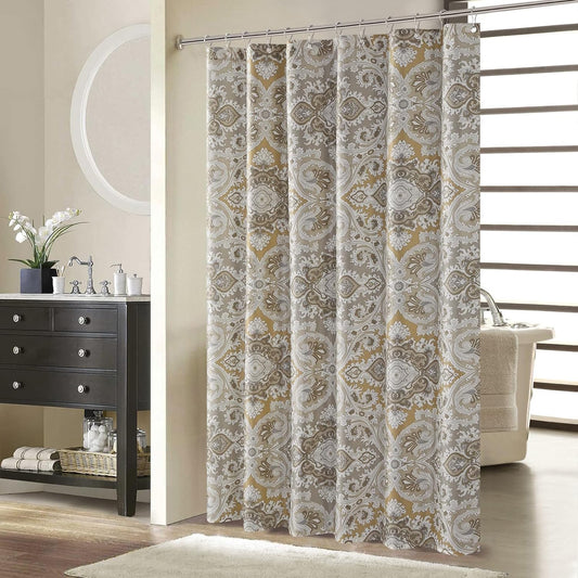 Extra Long Fabric Shower Curtain, 72 x 96 Inches Beige and Grey Boho Paisley Damask Pattern Shower Curtains for Bathroom, Waterproof Bathroom Curtains, 72" W x 96" H