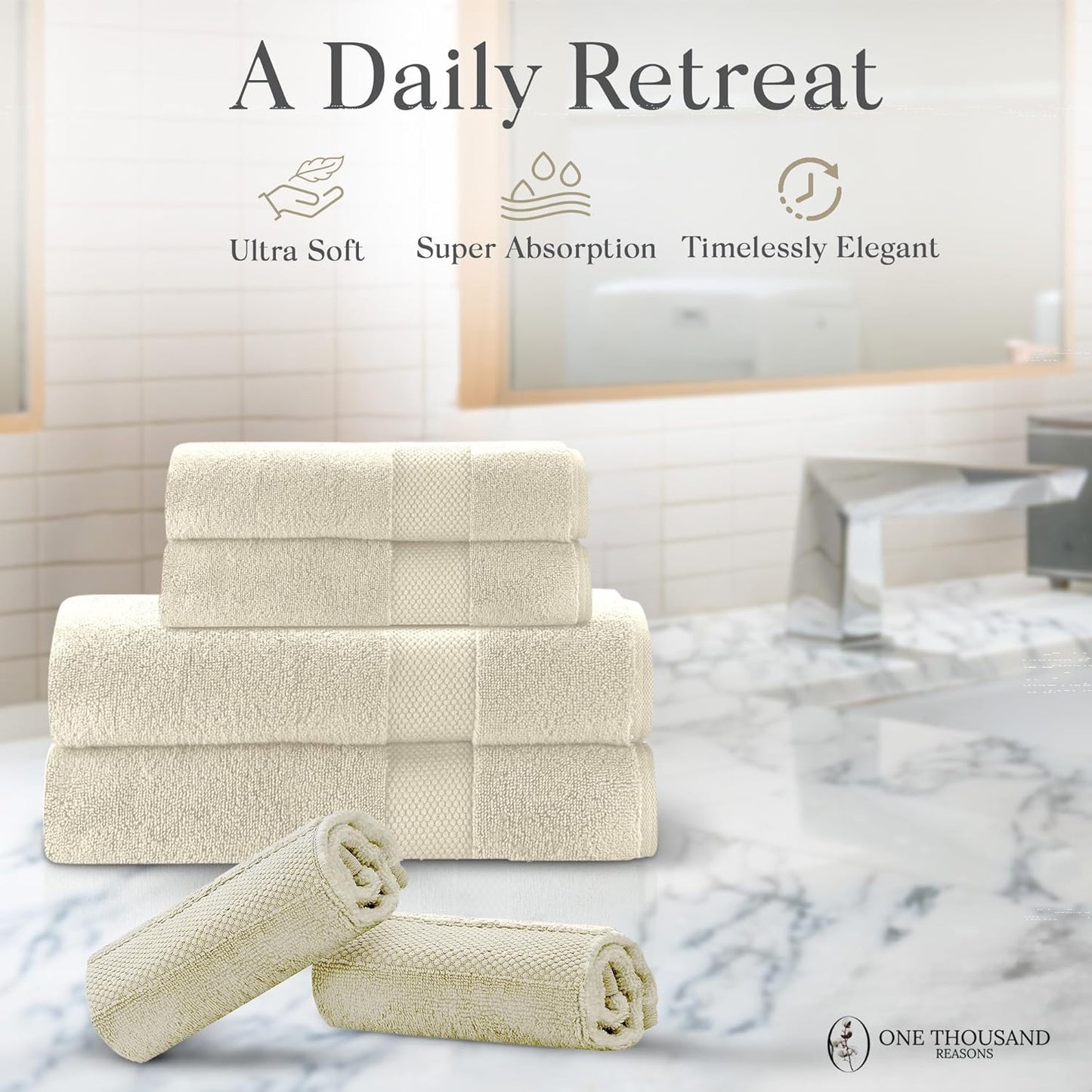 Premium Staple Cotton Bathroom Towel Set - Beige 600 GSM 6-Piece Luxury Bath Towel Set 1 Stripe - 2 Bath Towels, 2 Hand Towels & 2 Washclothes Set - High Absorbent & Quick Dry for Gym, Spa, Hotel