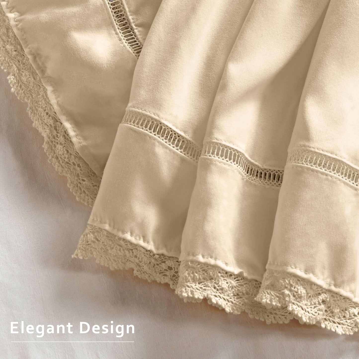 MIYE Wrap Around Ruffled Lace Bed Skirt, Elastic Dust Ruffle with Adjustable Belts, Easy to Put On, Bed Frame Cover, Machine Washable (Floral Lace/Light Beige, King/Queen-12.5" Drop)