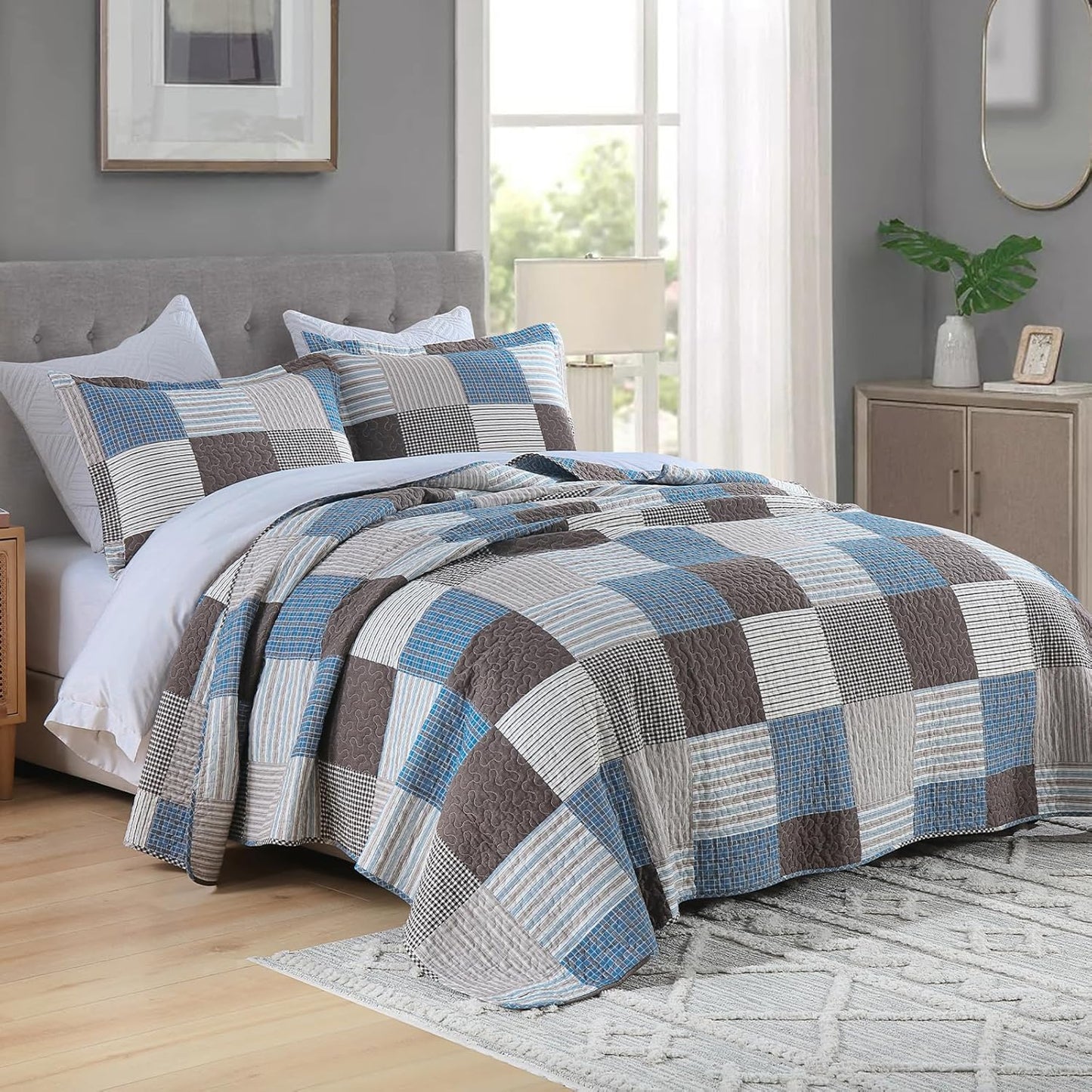 Uniclinens Plaid Quilt Set Queen Size, 100% Cotton Patchwork Quilt Bedding Set Bedspreads, Farmhouse Lightweight Comforter Quilted Quilt, 3 Pieces Set with 2 Pillowshams, Blue/Brown/White