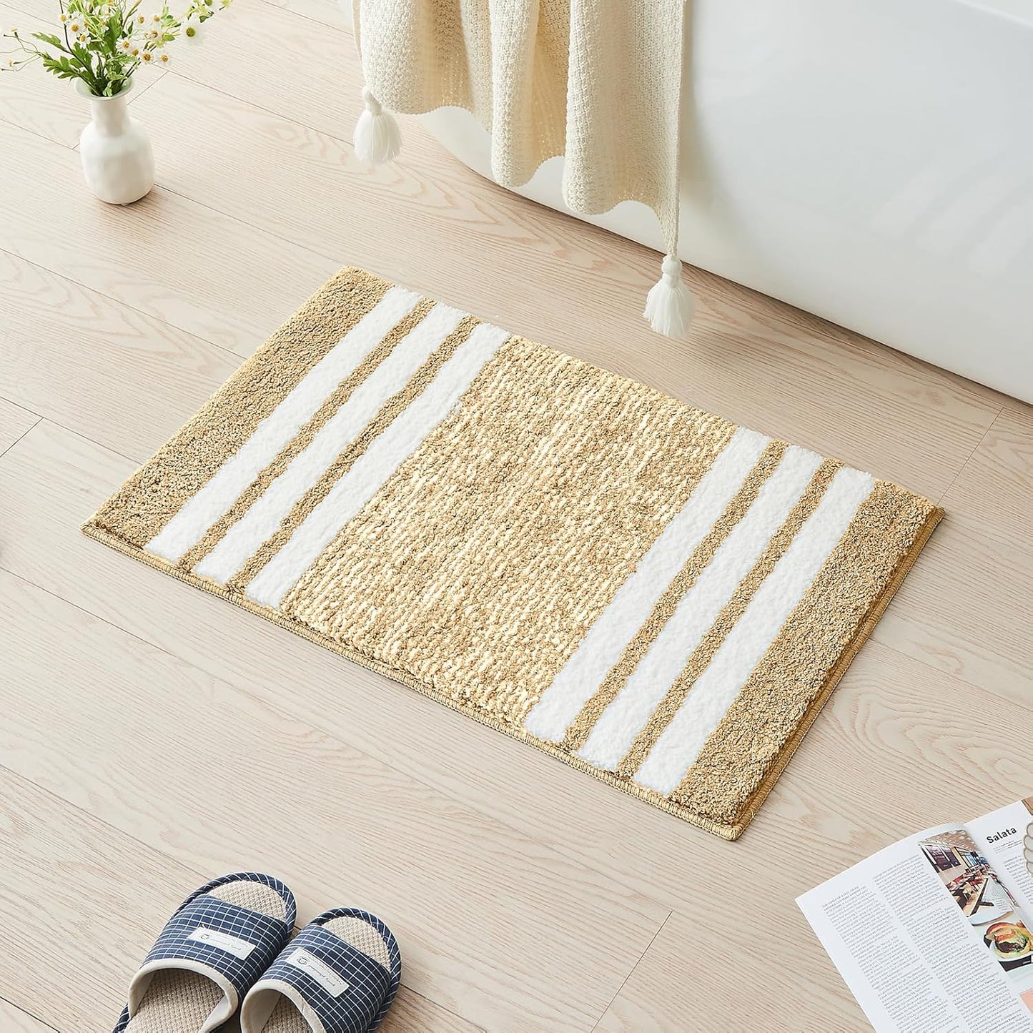 CozeCube Bath mats for Bathroom Non Slip, Fluffy Absorbent Microfiber Bath mat Washable, Aesthetic Bathroom Rugs, Large Beige Striped Bath mat, Beige, 36" x 24"