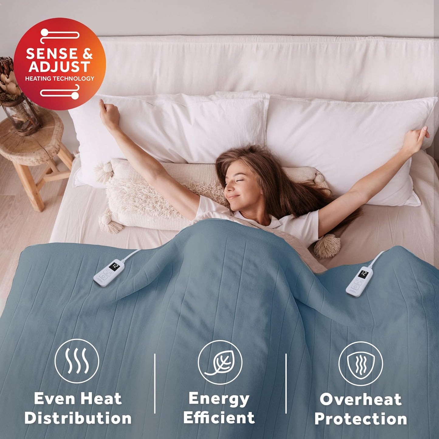 Sunbeam Electric Royal Luxe Microplush Heated Blanket, 12 Heat Settings, 12-Hour Auto Shut-Off, Fast Heating, Warm and Cozy, Cadet Blue Color, Queen (90" x 84")