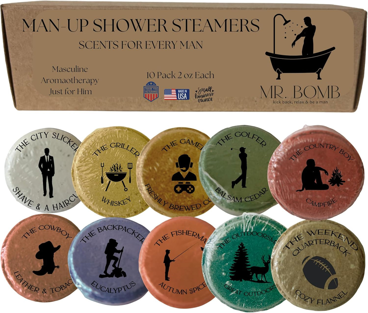 Mr. Bomb Large Shower Steamers for Men, Dude Bombs, Aromatherapy for The Guys, Shower Bombs for Men Gift Set, 10 Pack Steamer Set, Elevate Your Bathing and Relaxation (Large, Man-Up)