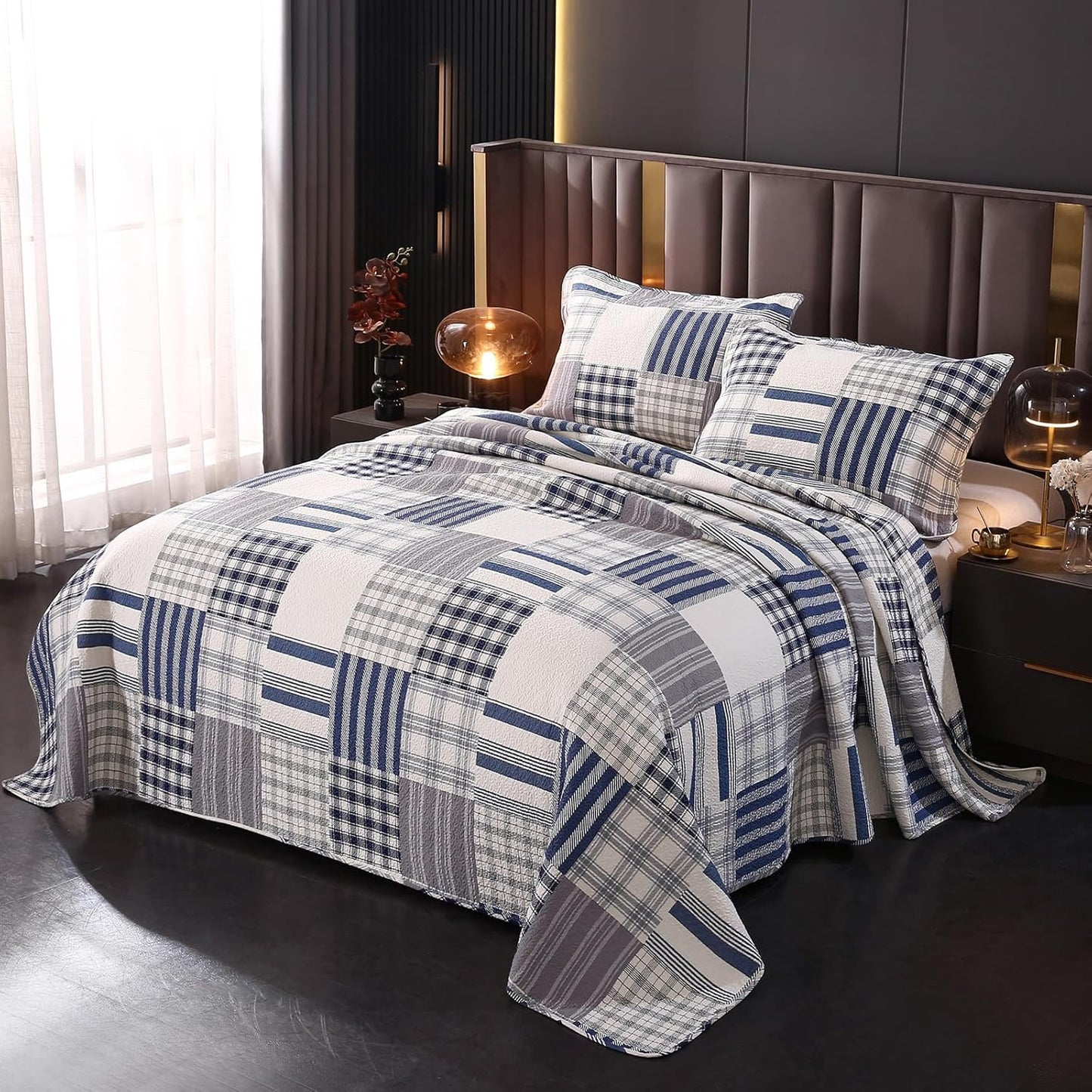 vctops Cotton Quilted Patchwork Quilt Set Queen Size Farmhouse Blue Plaid Bedspreads Coverlet 3 Pieces Summer Lightweight 1 Quilt and 2 Pillow Shams for All Season (Plaid B,Queen)