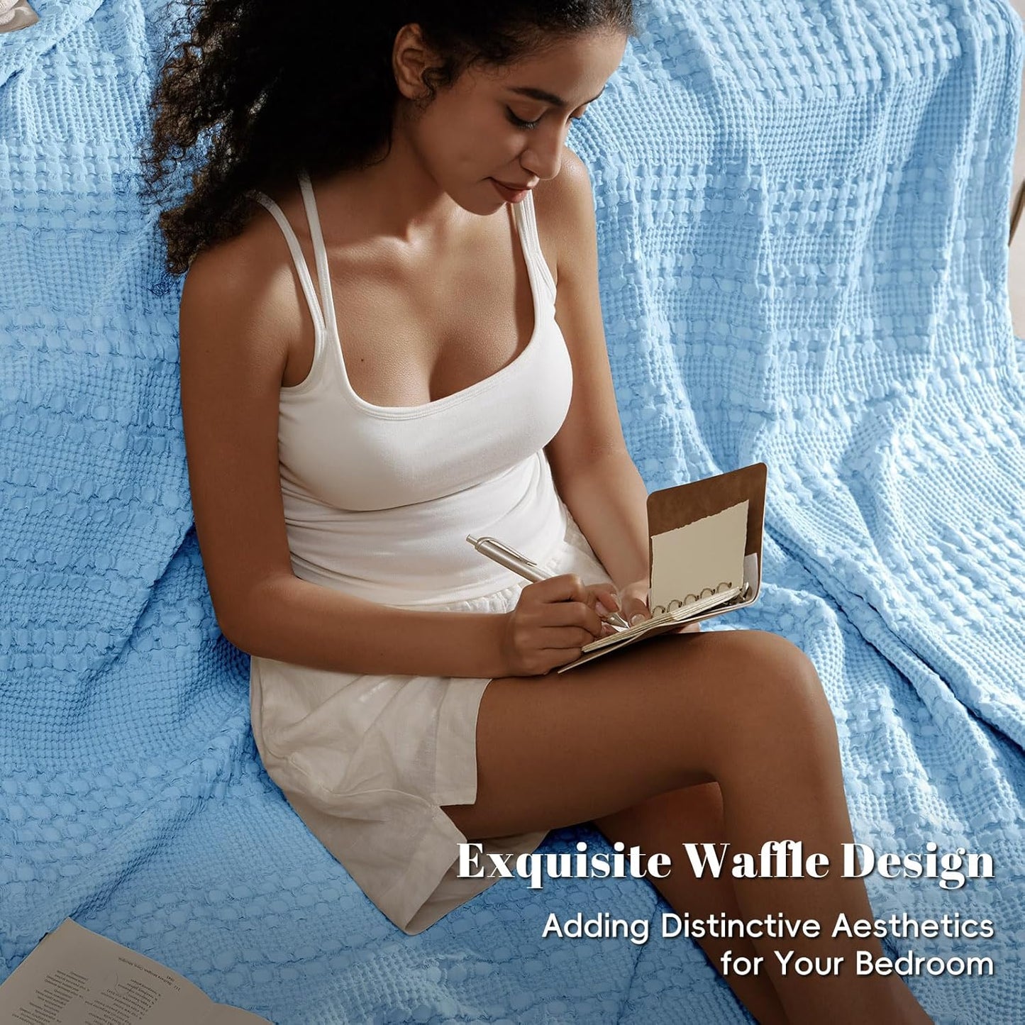 PHF 100% Cotton Waffle Weave Blanket King Size for Bed, Soft Lightweight & Breathable, All-Season Comfort, Luxury Aesthetic Woven Bedding for Home Decor, 108"x90", Sky Blue
