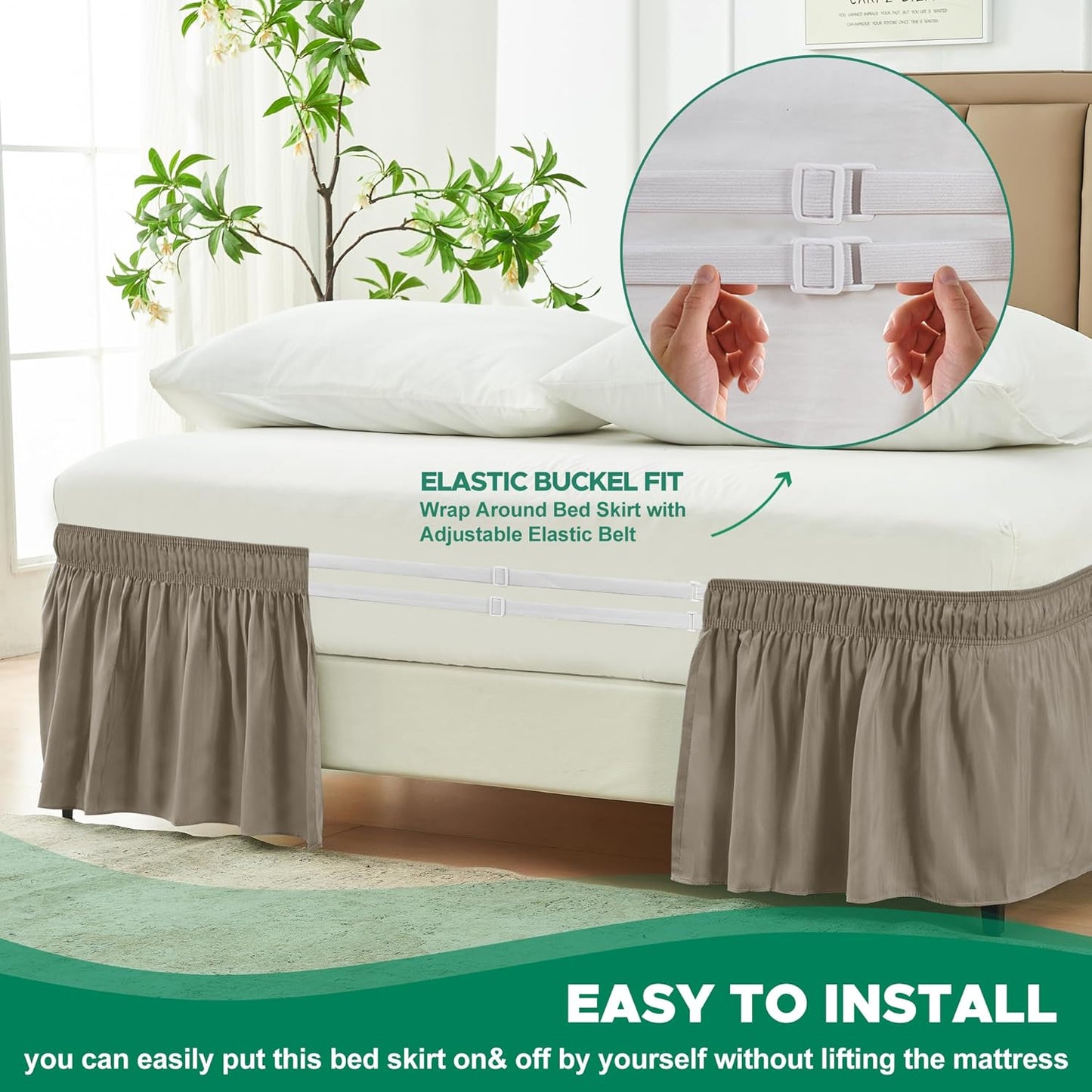 Biscaynebay Wrap Around Bed Skirts for Queen Beds 15" Drop, Taupe Adjustable Elastic Dust Ruffles Easy Fit Wrinkle & Fade Resistant Silky Luxurious Fabric Machine Washable