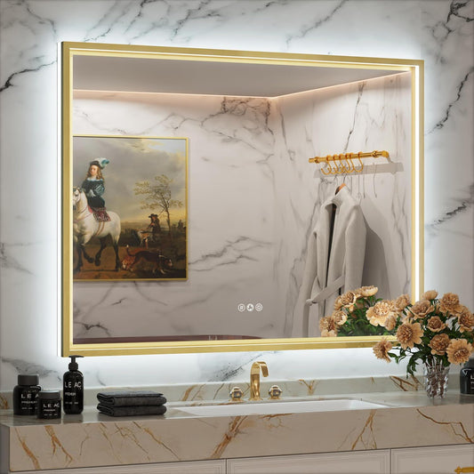 40x30 Inch Gold LED Bathroom Mirror with Front and Back Lights, Adjustable 3000K/4500K/6000K, Framed Lighted Bathroom Vanity Mirror, Dimmable, Anti-Fog, Horizontal/Vertical