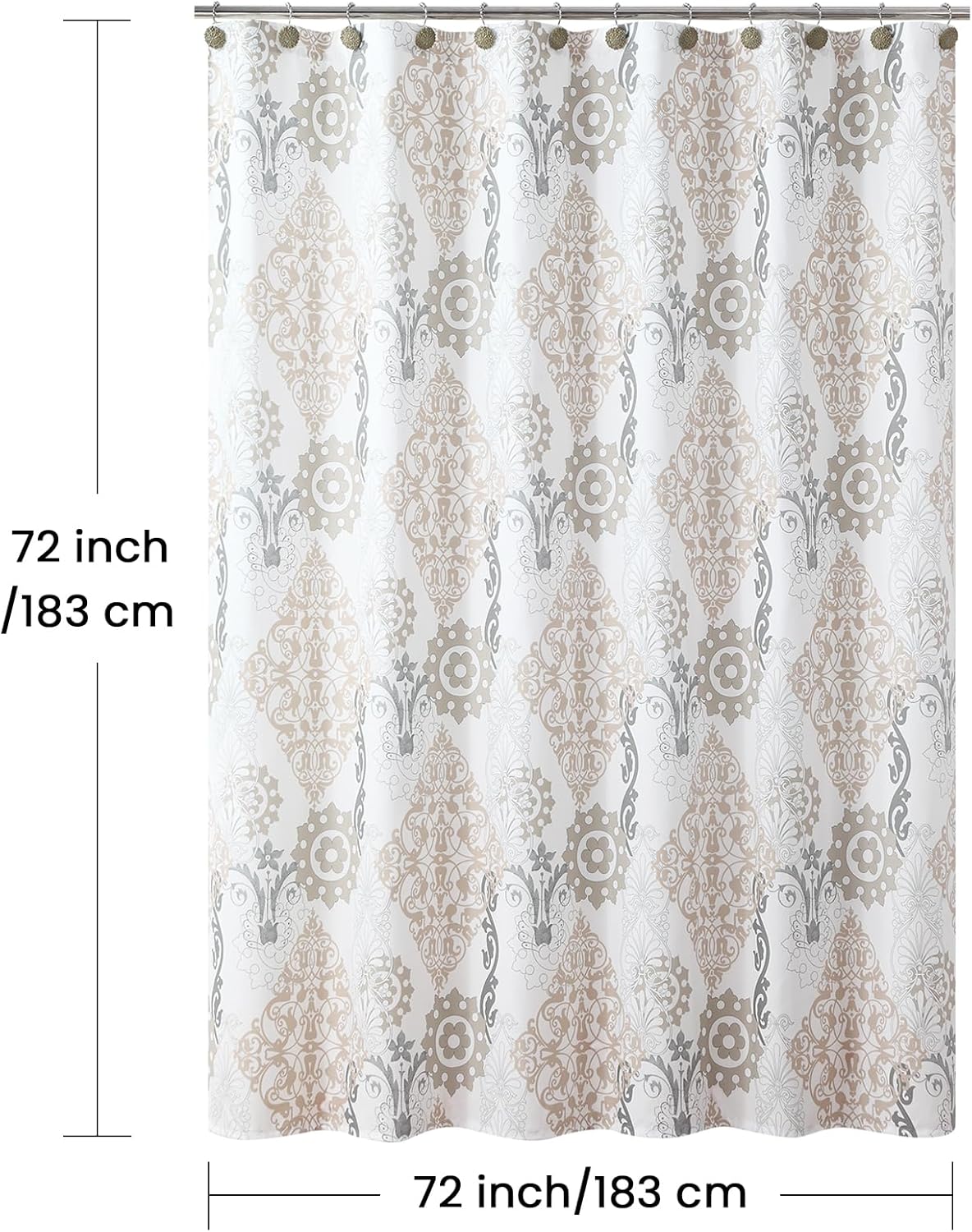 Fabric Shower Curtain, White and Beige Boho Damask Print Shower Curtains for Bathroom, 72" W x 72" H