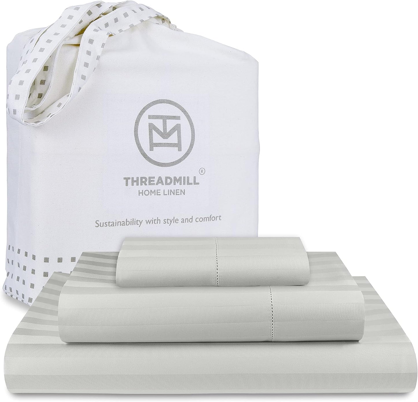 Threadmill 500 Thread Count Twin Size Damask Stripe, 3 Pc Luxury Cotton Bedding Set, Breathable Light Grey Sheets with 15" Elasticized Deep Pocket, 1 Pillowcase & Free Tote Bag