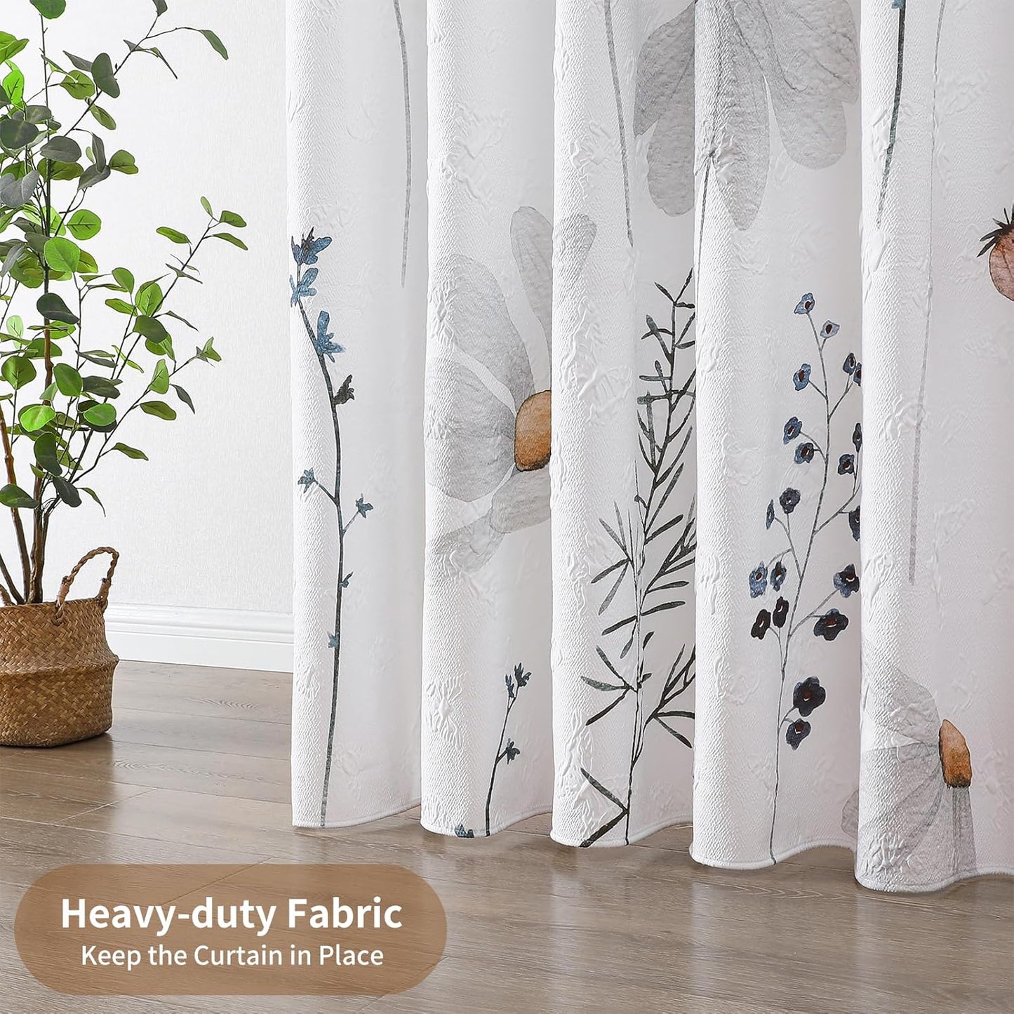 QiyI Floral Shower Curtain, 3D Embossed Butterflies Flower Bathroom Curtain, Watercolor Grey Daisy Minimalist White Cloth Bath Curtain, Waterproof Fabric Soft Shower Curtain Set with Hooks, 72x72