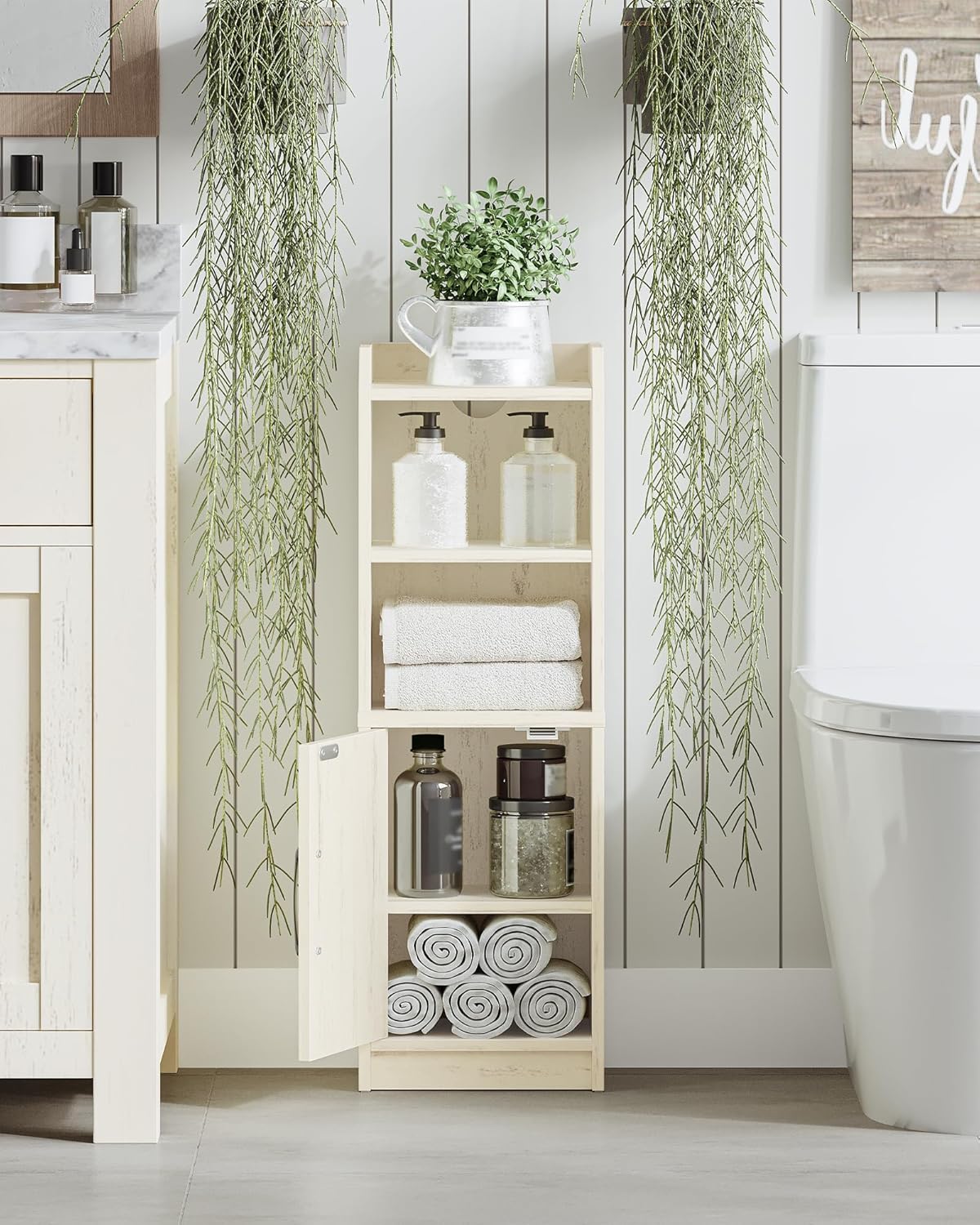 Bathroom Storage Cabinet, Small Farmhouse Corner Floor Cabinet with Door and Shelves, Narrow Toilet Paper Holder Stand, Bathroom Organizer with Adjustable Shelf, for Small Spaces,Rustic White