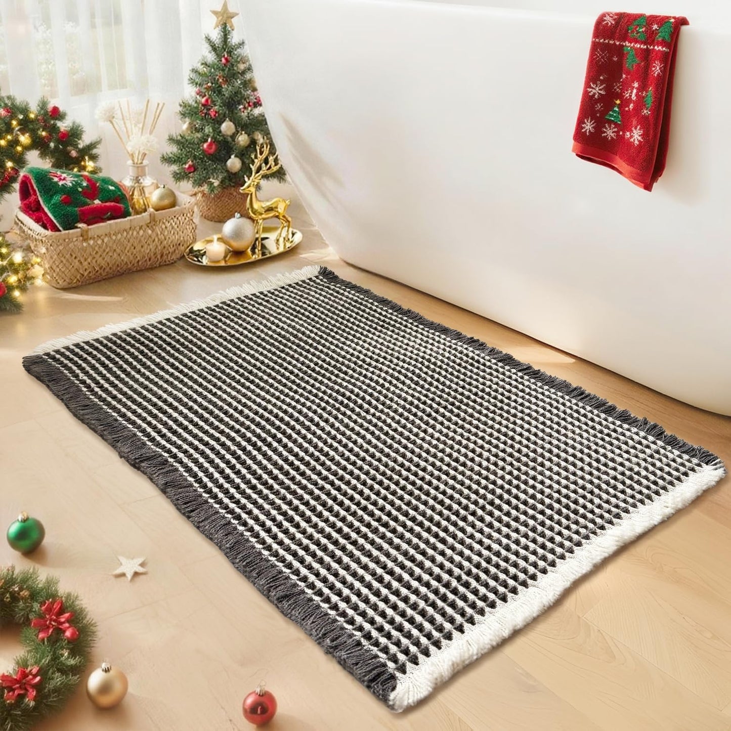 Waffle Bath Mat - Boho Bathroom Rugs Non Slip Washable, Super Absorbent & Quick Dry, Small Bath Mats Farmhouse Bathroom Decor, 18'' x 30'', Dark Grey and White