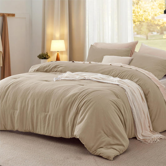 Bedsure Full Size Comforter Set, Khaki Soft Prewashed Bedding for All Seasons, 3 Pieces GentleSoft™ Warm Down Alternative Bed Set, 1 Lightweight Comforter (82"x86") and 2 Pillowcases (20"x26")
