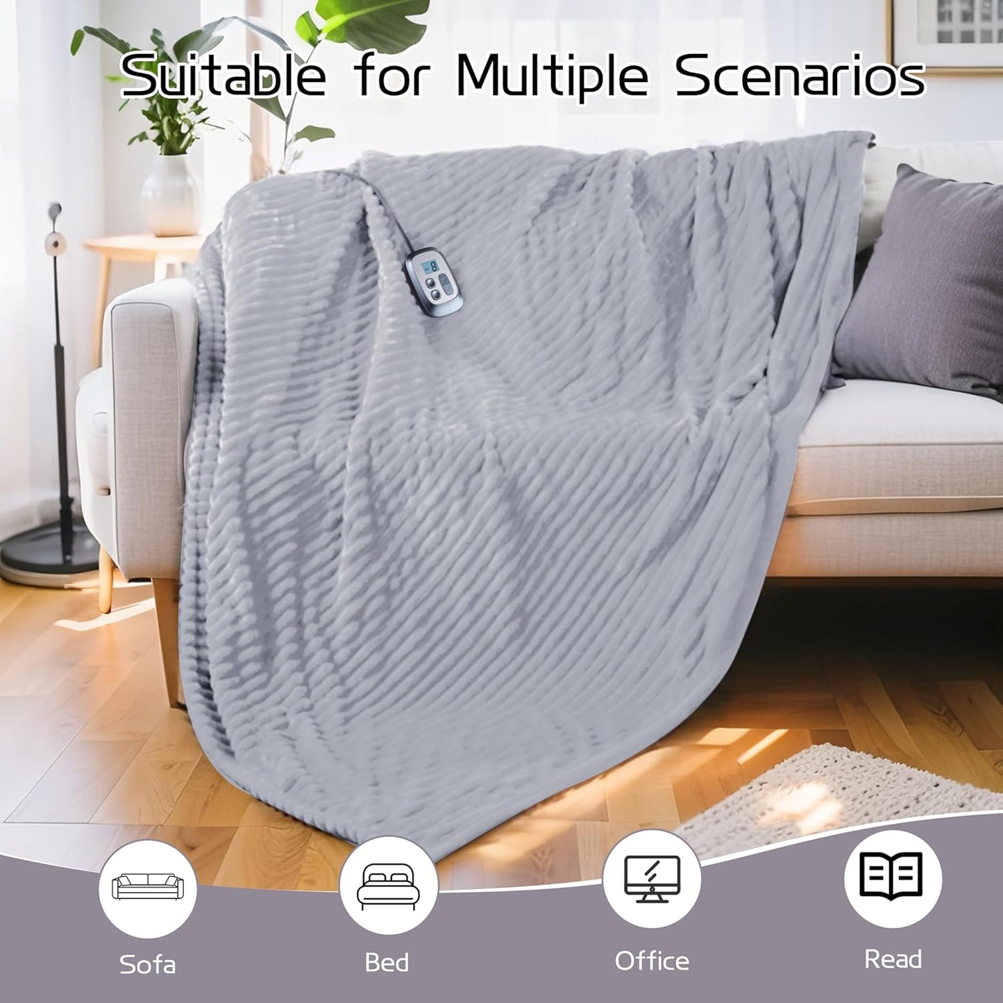 Electric Heated Blanket Full-Size 72x84 Inch - Ultra Soft Silky Flannel with Ribbed Texture, 10 Heating Levels and 12 Hours Auto-Off Feature - Light Gray