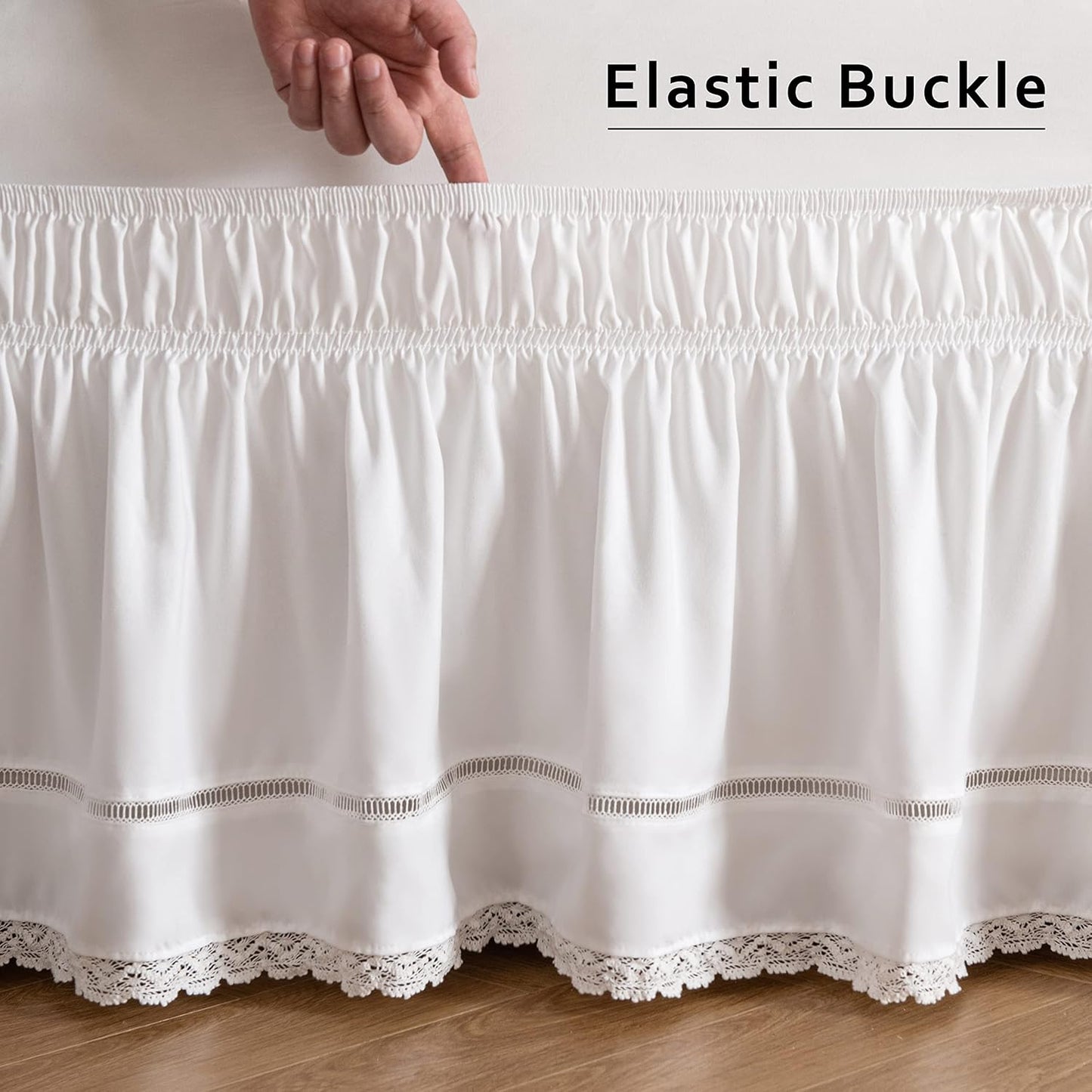 MIYE Wrap Around Ruffled Lace Bed Skirt, Elastic Dust Ruffle with Adjustable Belts,15 Inch Drop Easy to Put On, Bed Frame Cover, Machine Washable (Floral Lace, King/Queen-15)
