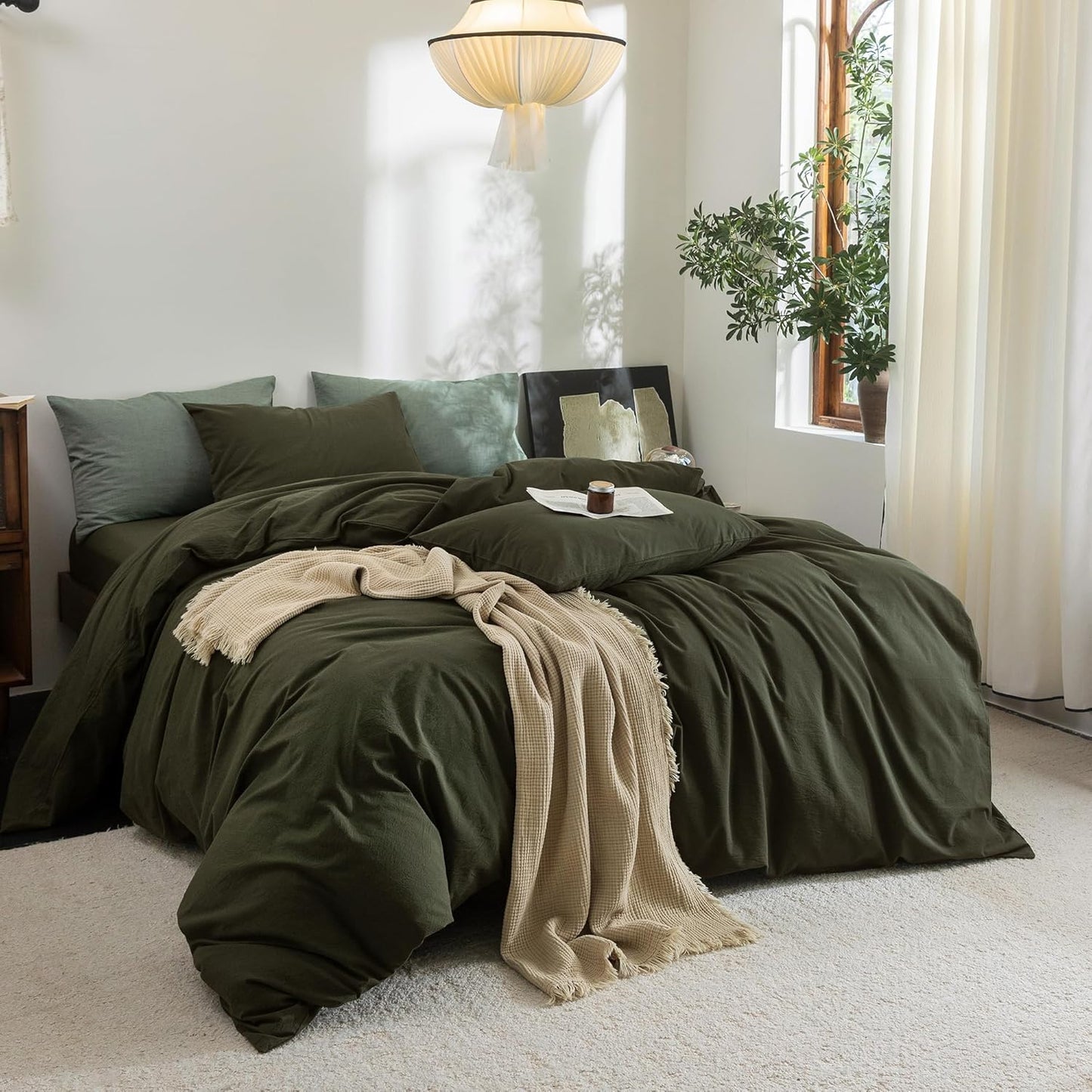 FOSSA Duvet Cover Set 100% Washed Cotton Linen Feel Super Soft Breathable Cozy Simple Style 3 Pieces Bedding Sets Solid Olive Green Super King Plus