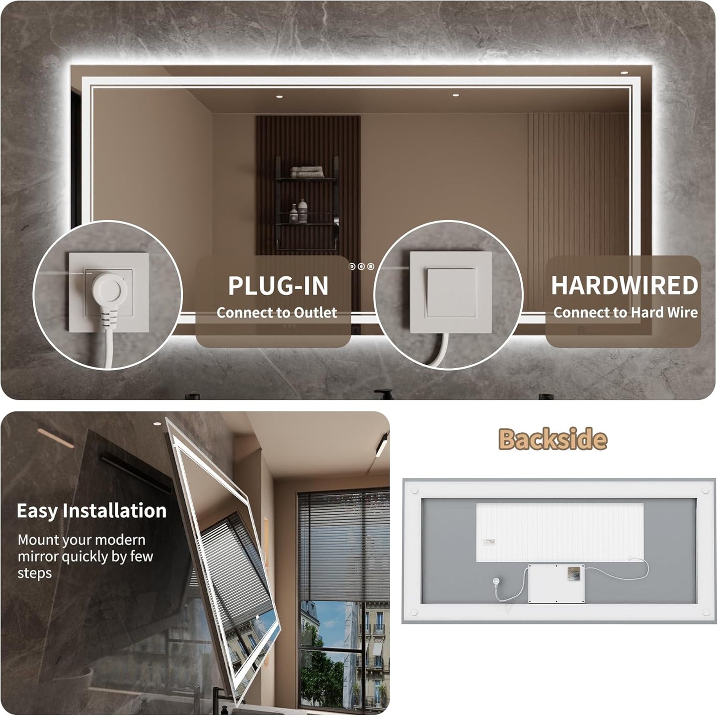 Bathroom Mirror with Lights 28"X60" with Front Light and Backlit, Tempered Glass, Wall Mount Horizontal/Vertical, Stepless Dimmable, 3 Colors, Anti Fog, Bathroom Memory LED Mirror