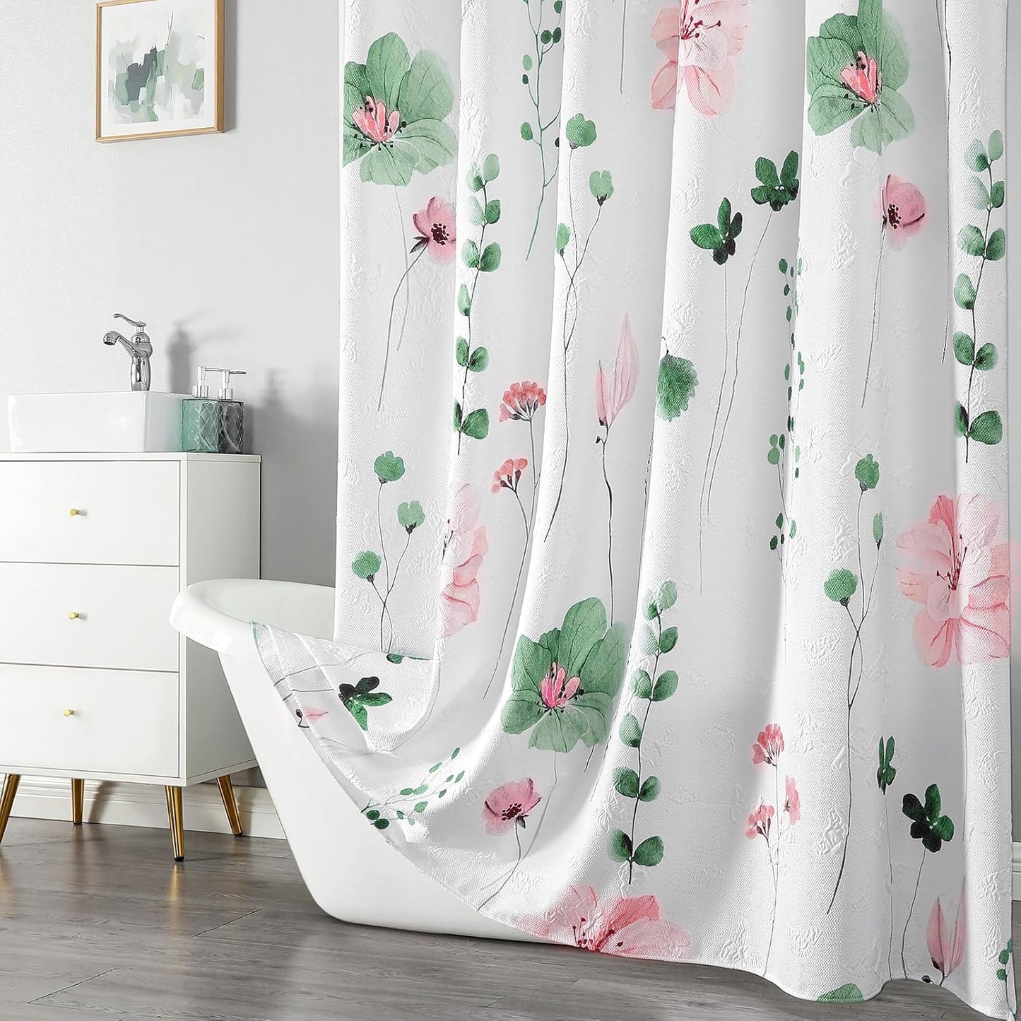 QiyI Watercolor Floral Shower Curtain, 3D Embossed Butterflies Sage Green Botanical Bathroom Curtain, Pink Flowers Cloth Bath Curtain, Waterproof Fabric Textured Shower Curtain Set with Hooks, 72x72