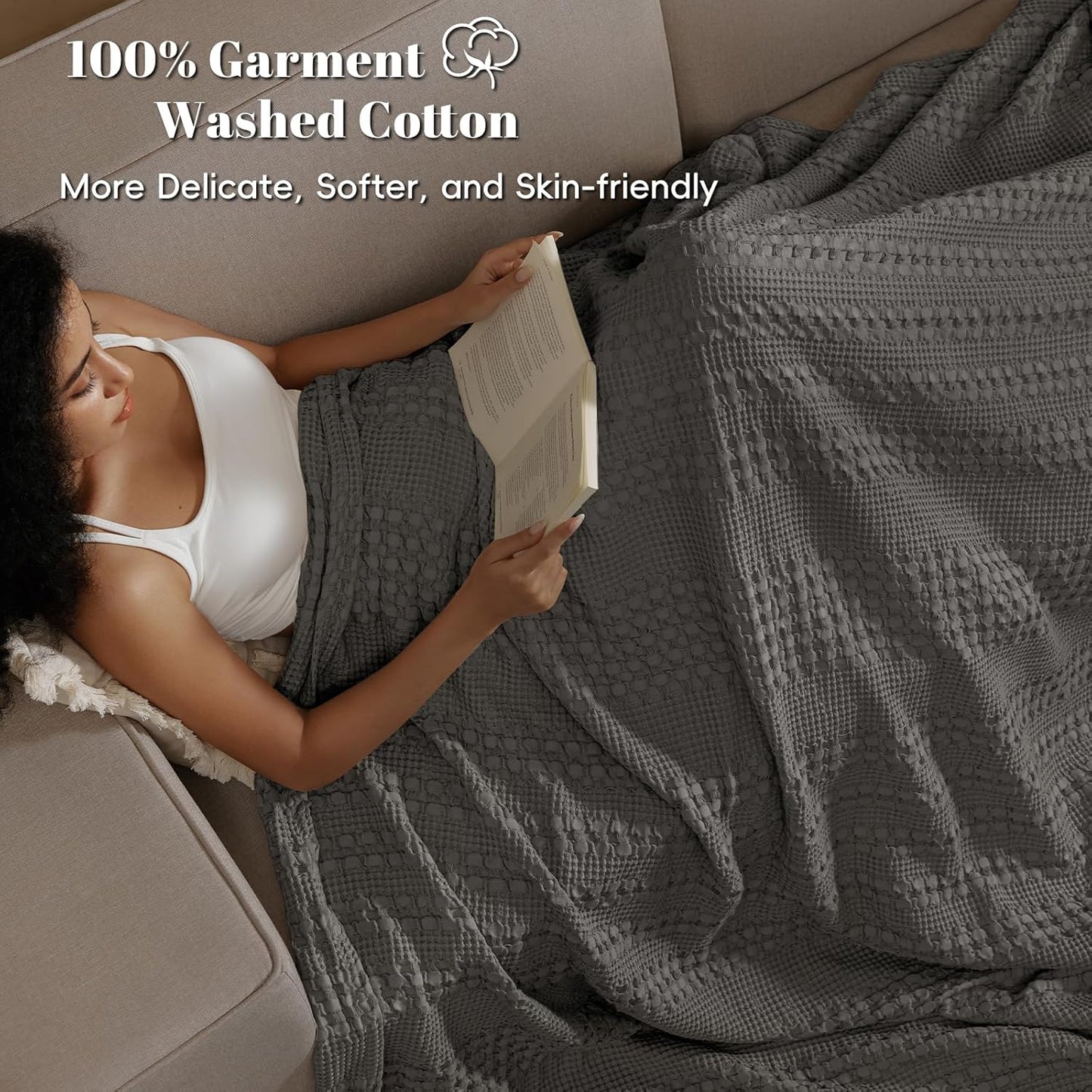 PHF 100% Cotton Waffle Weave Blanket King Size for Bed, Soft Lightweight & Breathable, All-Season Comfort, Luxury Aesthetic Woven Bedding for Home Decor, 108"x90", Charcoal Grey