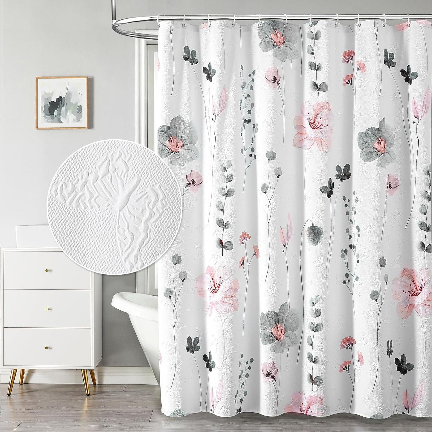 QiyI Long Shower Curtain 72 x 78, Modern Watercolor Floral Bath Curtain, 3D Embossed Texture Grey Pink Flower Cloth Bathroom Curtain, Waterproof Fabric Rustic Farmhouse Shower Curtain Set with Hooks