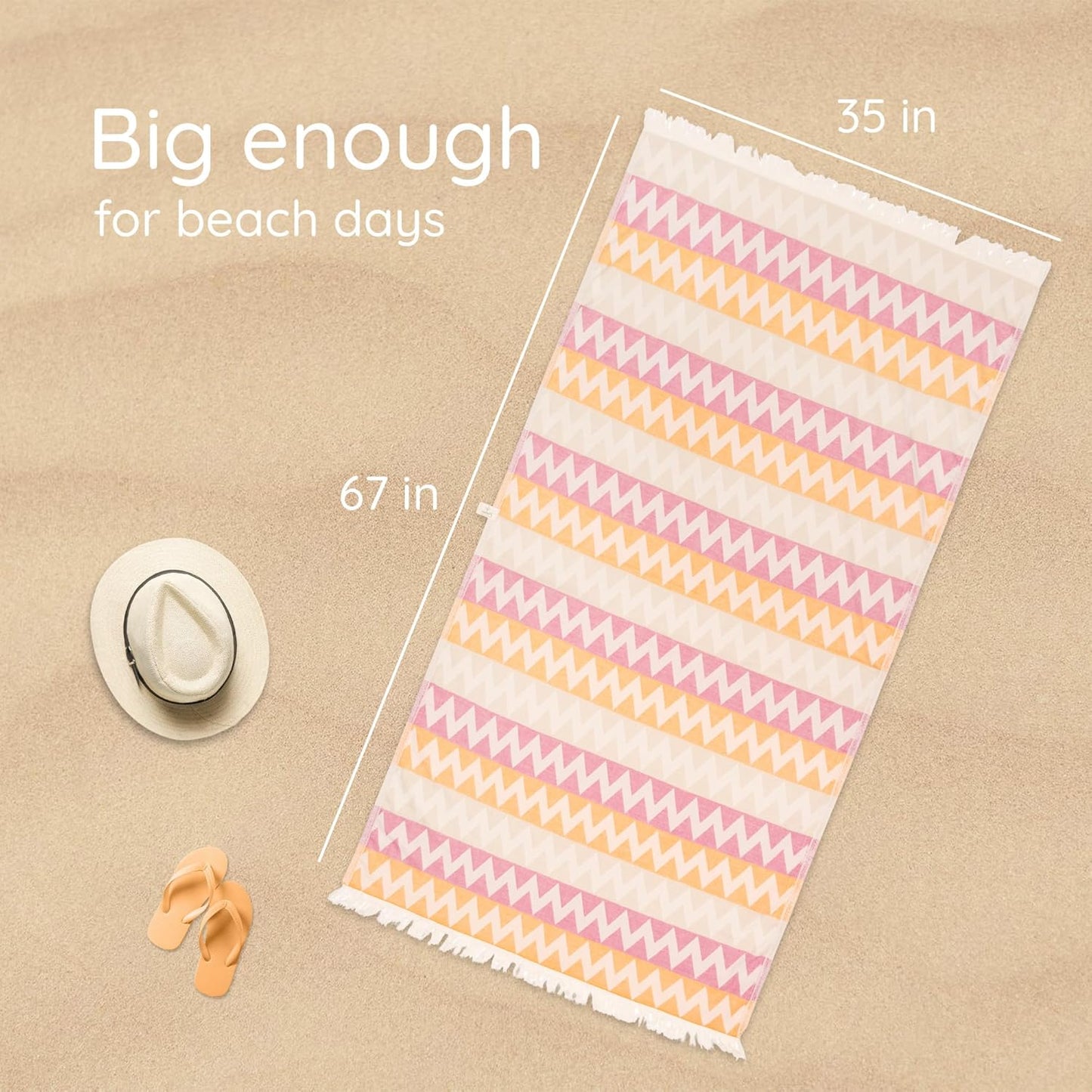 Turkish Beach Towel (35”x67”) – 100% Cotton Quick Dry, Lightweight Oversized Beach Towel for Pool & Travel – Zig Zag Orange Color