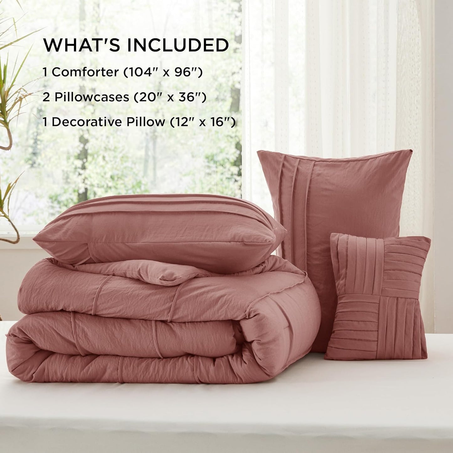 Bedsure California King Comforter Set - 4 Pieces Pinch Pleat Bed Set, Dusty Pink Boho Bedding for All Season, 1 Soft Comforter, 2 Pillowcases, 1 Decorative Pillow