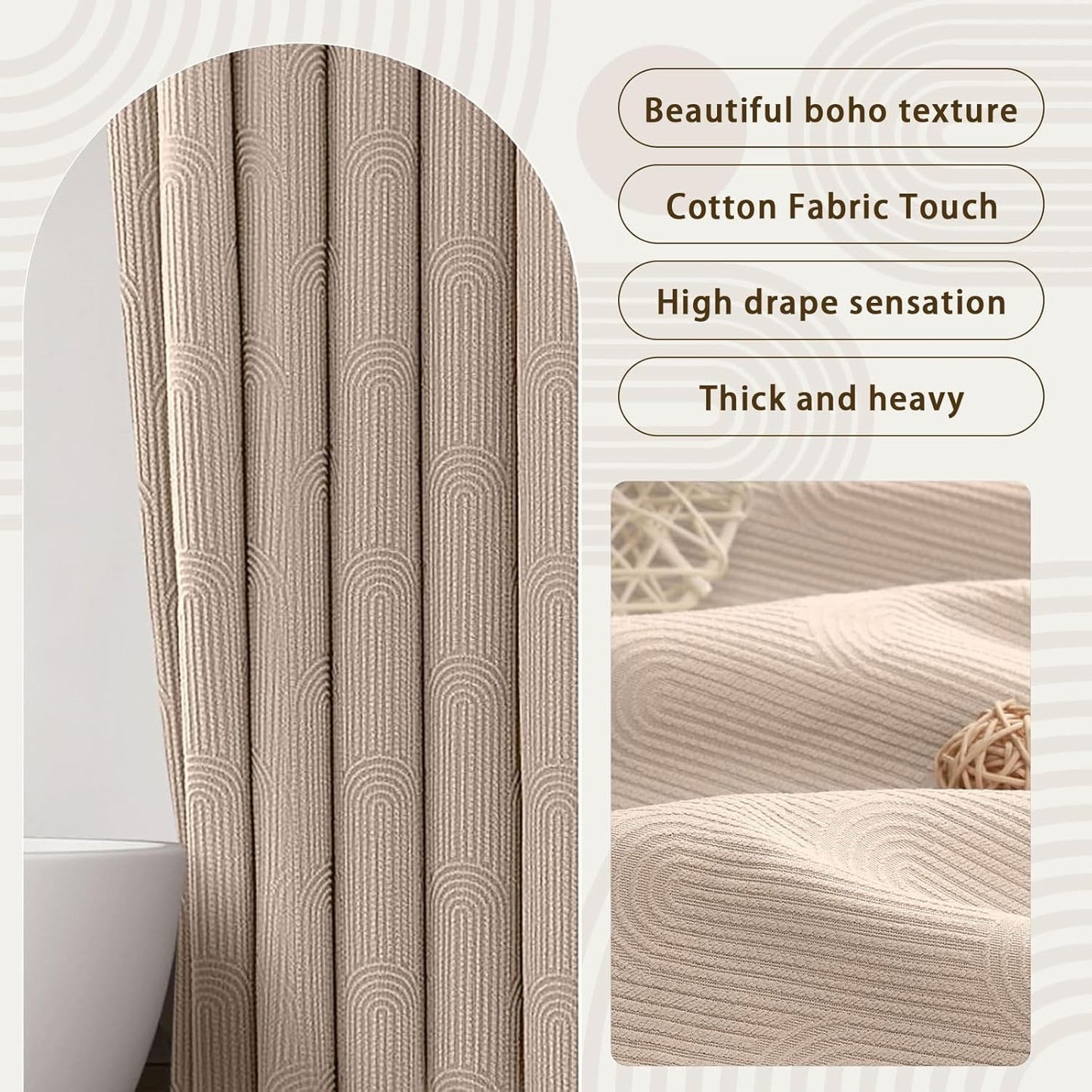 Awellife Boho Shower Curtains for Bathroom Cotton Fabric Touch Beige Bohemian Mid Century Minimalist Arch 72" L X 72" W