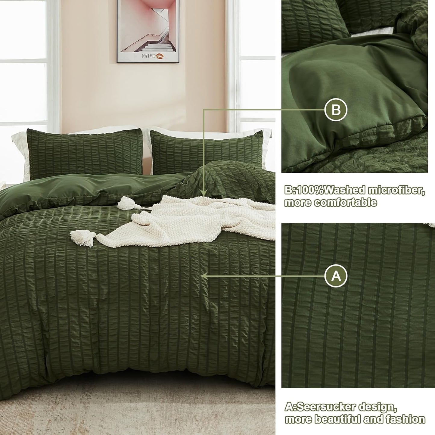 AveLom Dark Olive Green Seersucker Duvet Cover Set King (104 x 90 inches), 3 Pieces (1 Duvet Cover + 2 Pillowcases), Soft Washed Microfiber, Textured Duvet Cover with Zipper Closure, Corner Ties