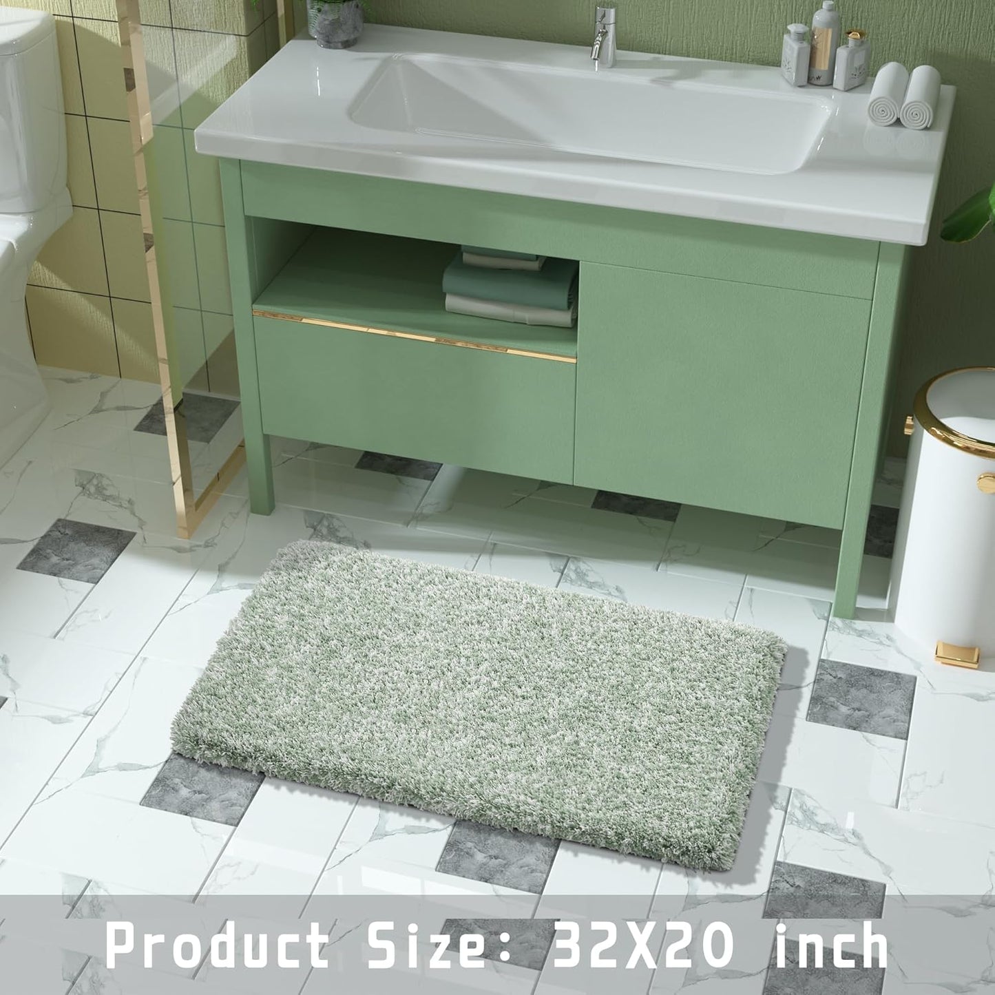 Yimobra Light Green and White Bath Rugs for Bathroom 32x20, Ultra Soft and Water Absorbent Bath Mats, Non Slip Plush Shower Rugs, Microfiber Thick Matts for Bathroom Floor/Tub, Machine Washable
