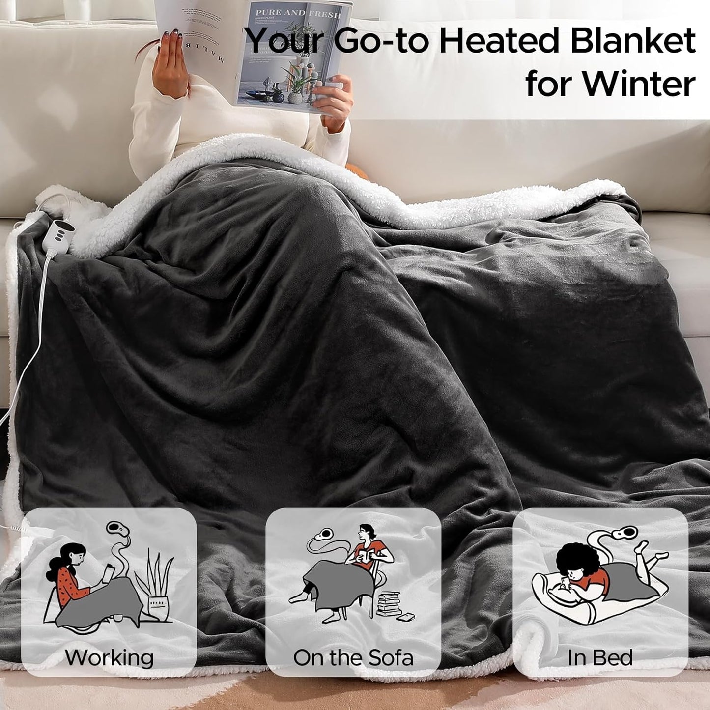 Heated Blanket 72"x84" Full Size, Dual-Sided with Soft Flannel & Sherpa Fabric, Electric Blanket with 9 Heating Levels & 2-10 Hours Auto Off, Machine Washable, Dark Gray