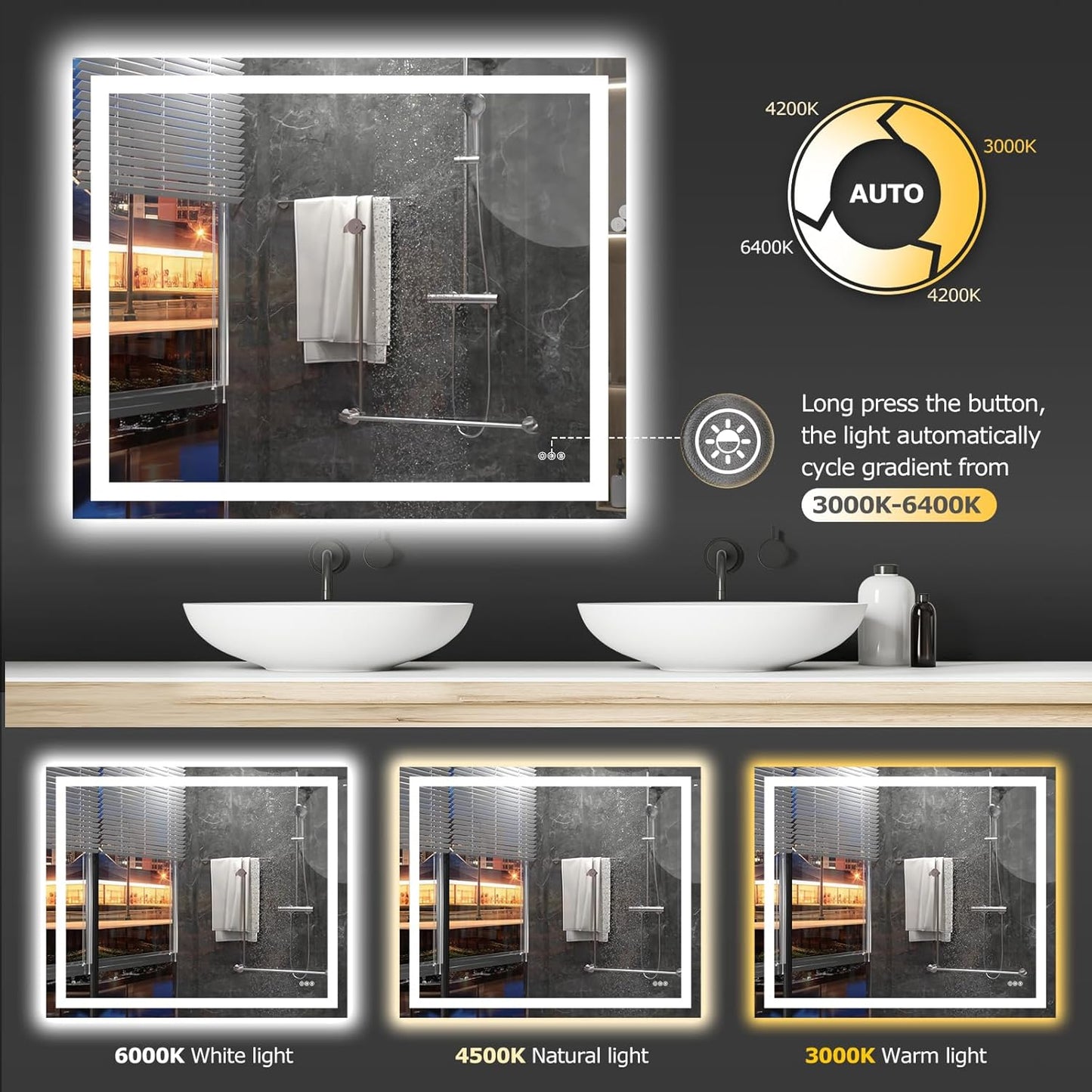 48X40 LED Bathroom Mirror with Lights, Anti-Fog, Dimmable, Backlit + Front Lit, Smart Bathroom Vanity Mirror, Memory Function, Shatterproof, Tempered Glass (Horizontal/Vertical)