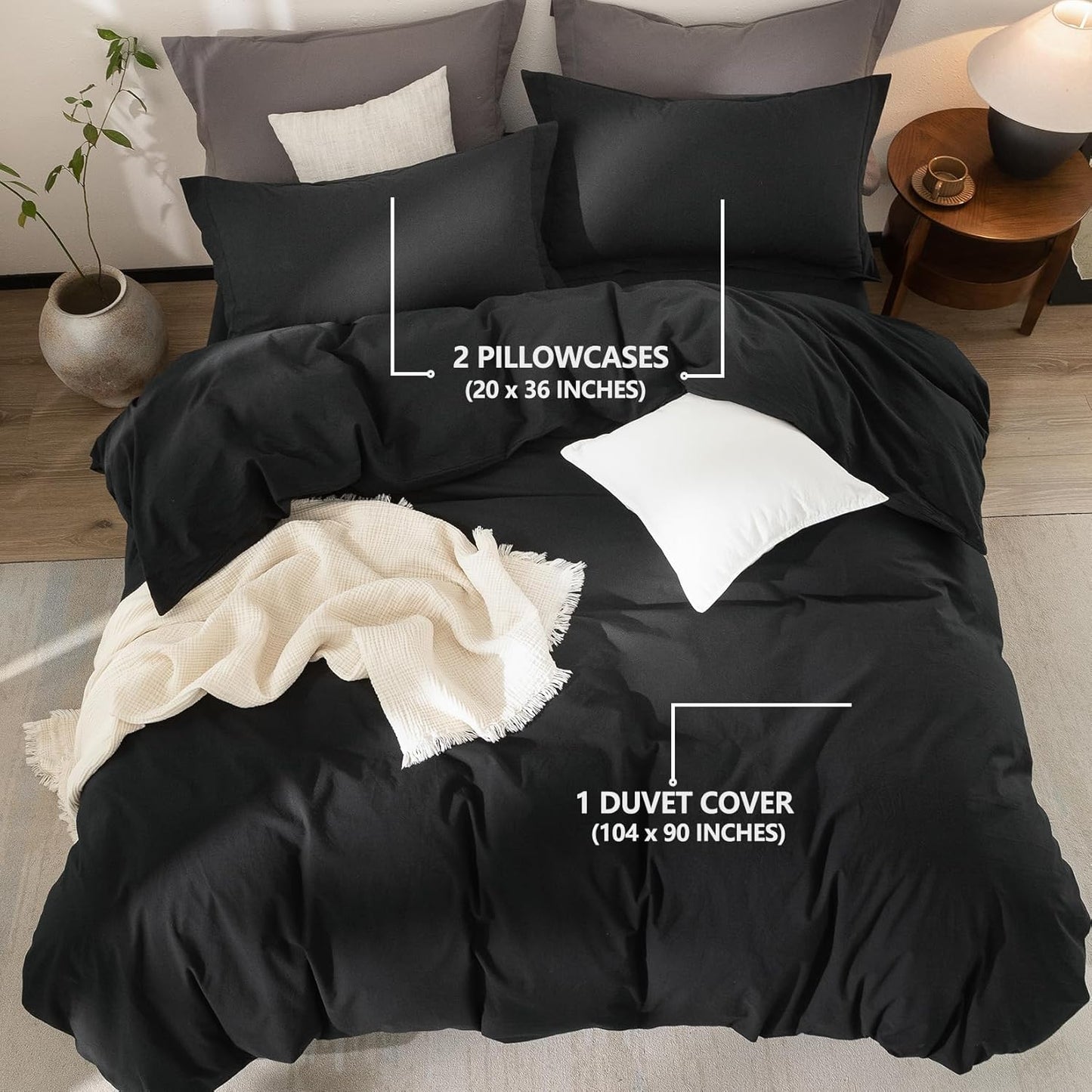 Black Duvet Cover King Size 100% Washed Cotton Bedding Set Cover 1 Duvet Cover with Zipper Closure and 2 Pillowcases, 104inch x 90inch