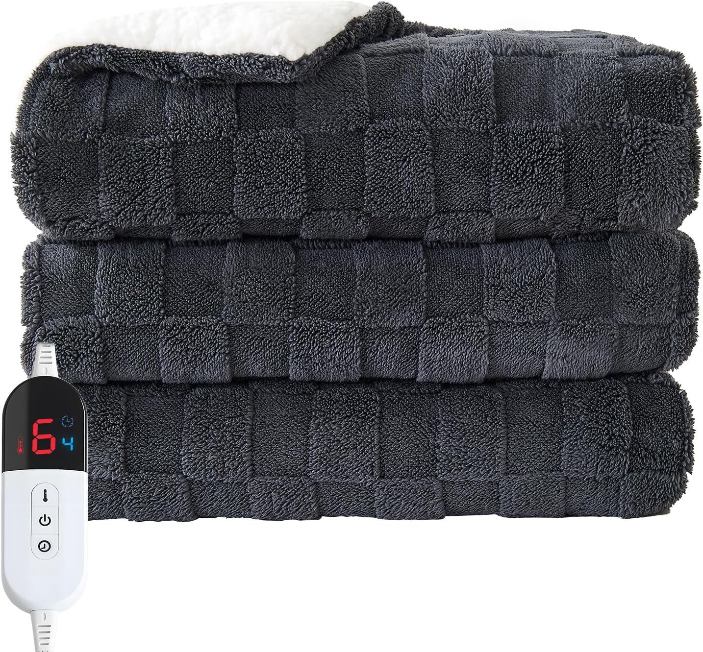 Electric Heated Throw Blanket - Jacquard Checkered Sherpa 50"x60" Fast Heating Bed Blankets with 6 Heating Levels & 4 Hours Auto Off, Over-Heat Protection ETL, Dark Gray