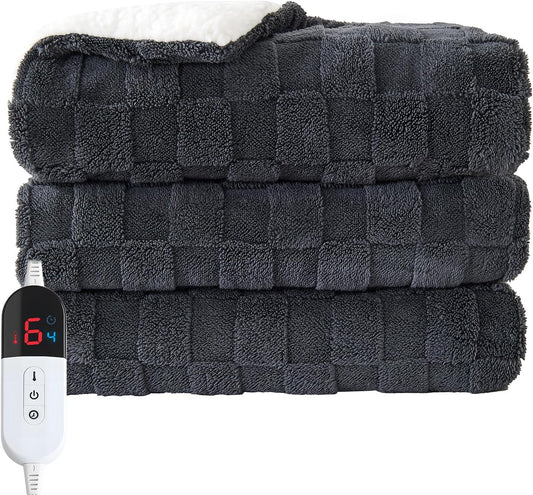Electric Heated Throw Blanket - Jacquard Checkered Sherpa 50"x60" Fast Heating Bed Blankets with 6 Heating Levels & 4 Hours Auto Off, Over-Heat Protection ETL, Dark Gray