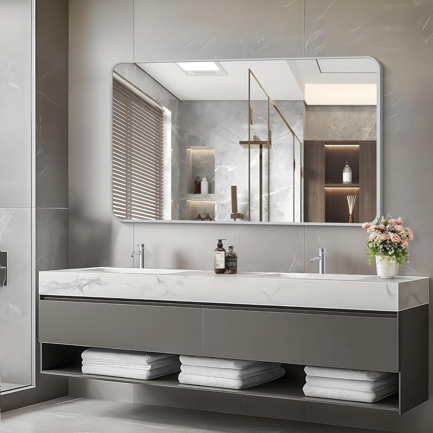 48x30 Inch Silver Bathroom Mirror, Metal Framed Silver Rectangle Mirrors, Rounded Rectangular Vanity Mirror, Wall Mounted Mirrors for Living Room Bedroom Entryway Hangs Horizontal or Vertical