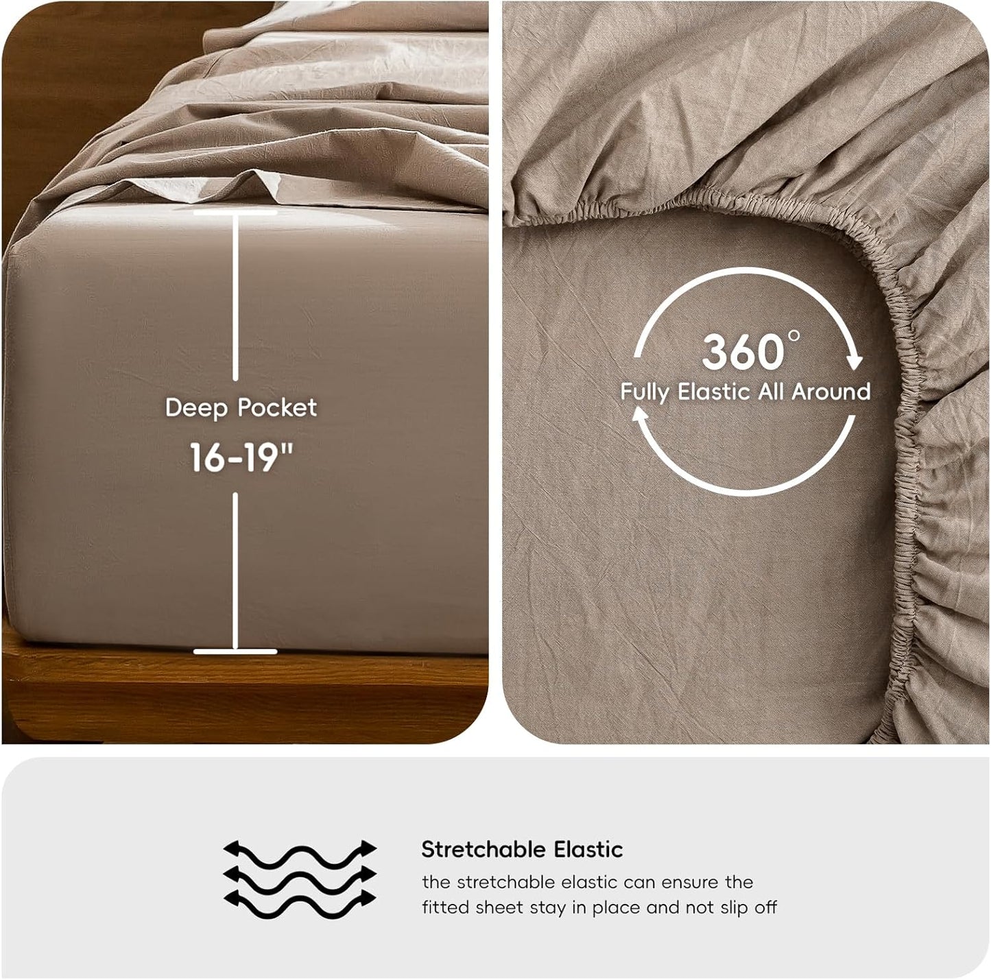 MooMee Bedding Sheet Set 100% Washed Cotton Linen Like Textured Breathable Durable Soft Comfy (Heathered Taupe, King)