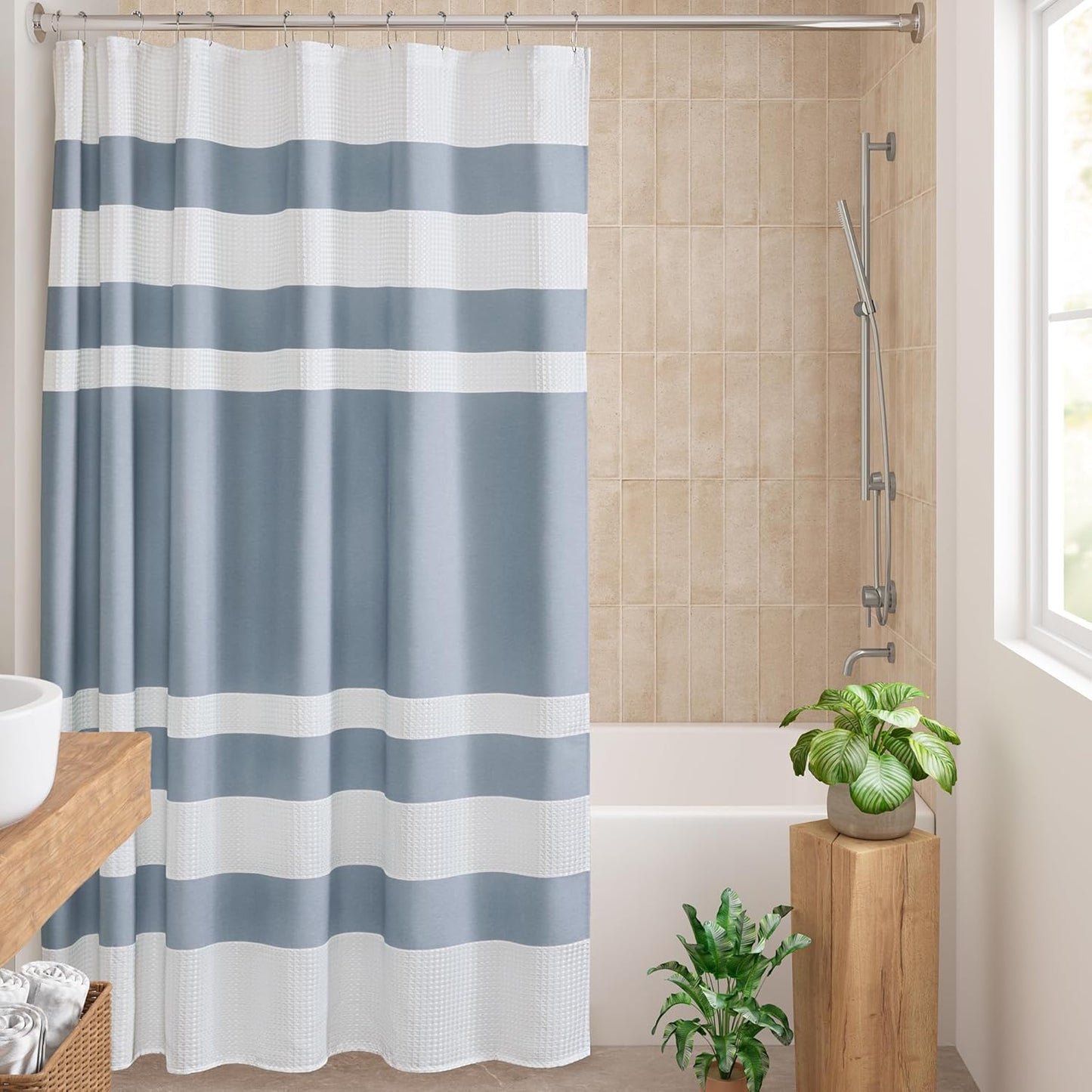 Madison Park Shower Curtain Waffle Weave Striped Pieced Design Fabric Shower Curtains for Bathroom with 3M Scotchgard Moisture Management Premium Spa Quality Modern Standard 72"x72" Blue
