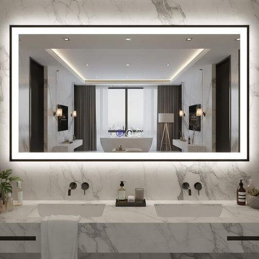 73x40 Lighted Mirrors for Bathroom Wall, Modern Rectangle Matte Black Mirror, Tempered Glass，Double Lights, 3 Colors Dimmable Temperature, IP54 Enhanced Anti-Fog, Memory (Horizontal/Vertical)