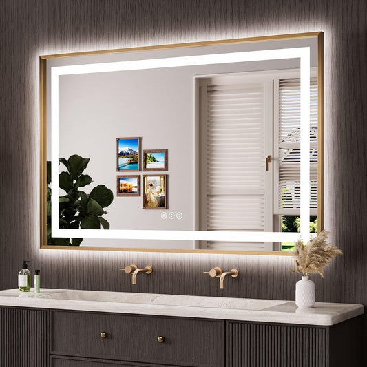 Amorho 55"x 36" LED Bathroom Mirror, Golden Metal Framed Mirror with Front Light and Backlit, Stepless Dimmable, Anti-Fog, Shatter-Proof, Memory, 3 Colors