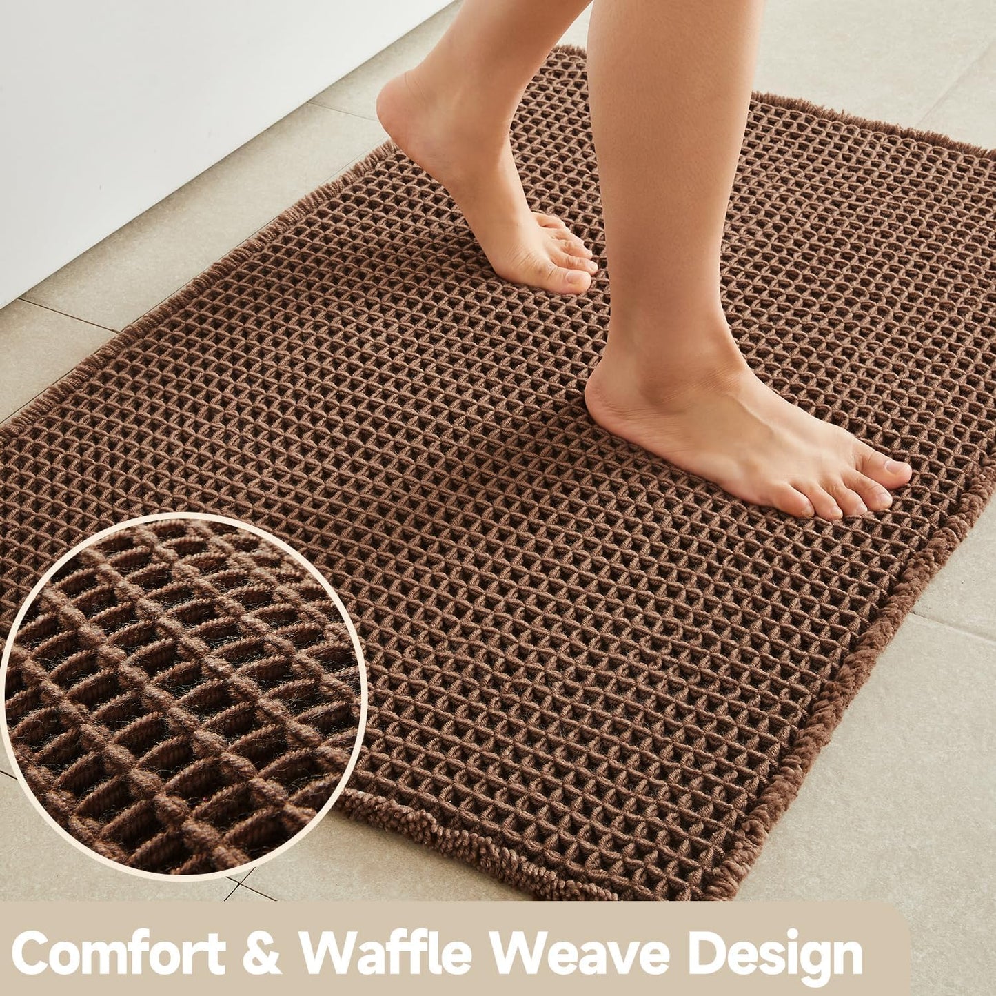 Waffle Bath Mat, Boho Bathroom Rugs Non Slip Washable Super Absorbent Quick Dry Bath Mat Farmhouse Bathroom Decor, 36"x24" Mocha