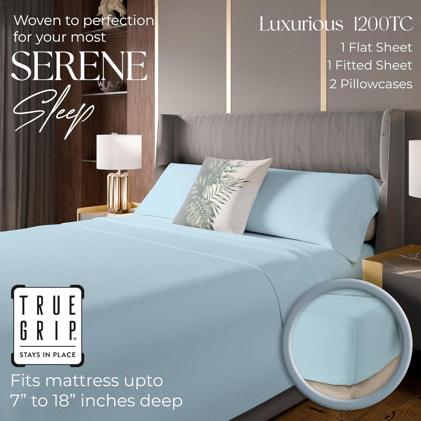 1200 Thread Count Cotton Rich Full Bluish Gray Sheets Set, Ultra Soft & Silky Luxury Sateen Bed Sheet, Moisture Wicking & Wrinkle Resistant (1 Flat Sheet, 1 Fitted Sheet & 2 Pillowcases)