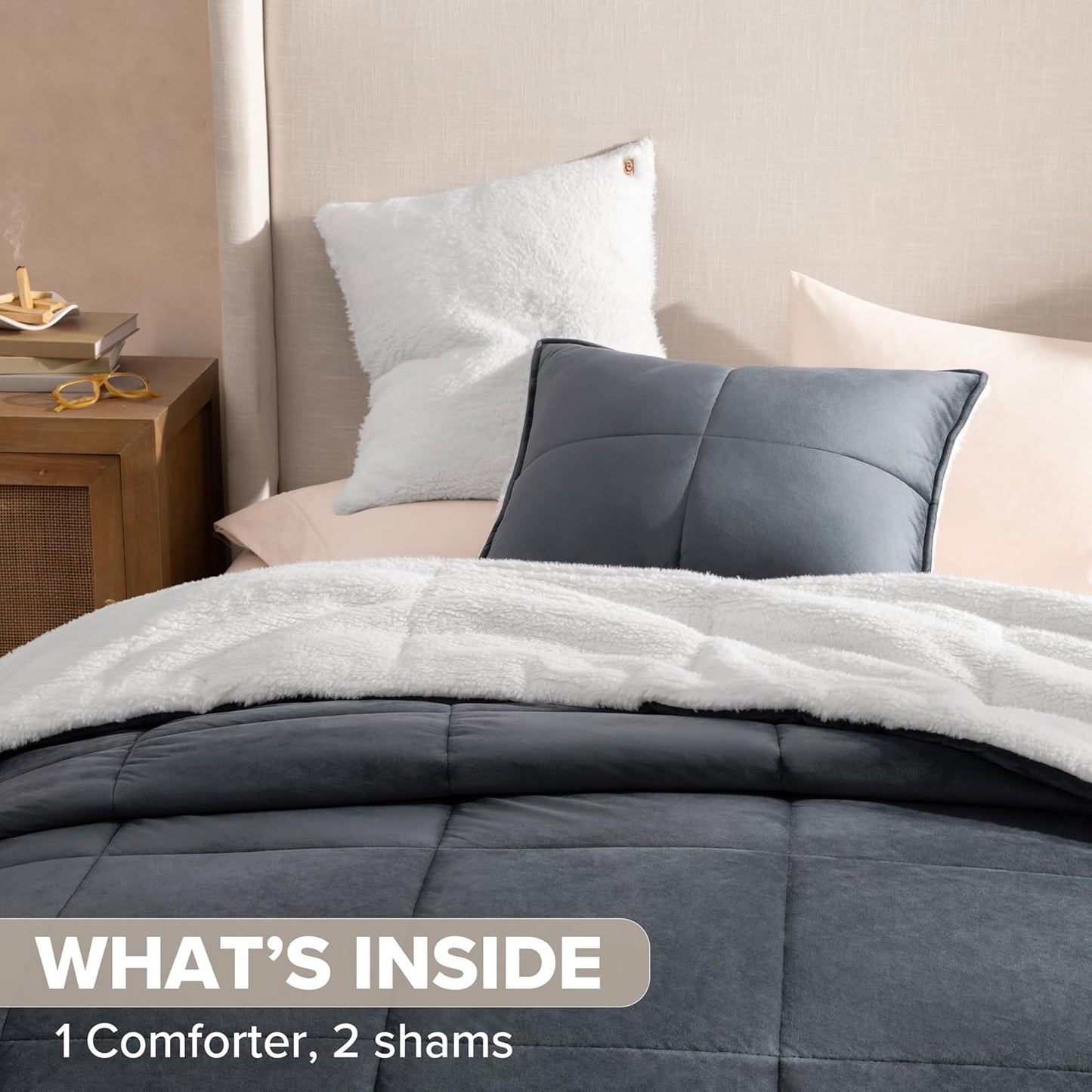 UGG Blissful Comforter Set with 2 Pillow Shams Reversible White Comforter Plush Fluffy Warm Bed Set Premium Hypoallergenic Down Alternative Bedding Breathable, King/California King, Blue Imperial