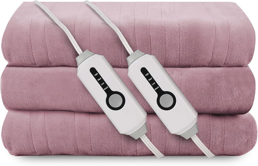 Electric Heated Blanket 90"x100" King Size, Soft Coral Fleece, Dual Controllers with 4 Heating Levels and 10 Hours Auto-Off, Machine Washable, Cozy Plush Fabric for Home, Purple