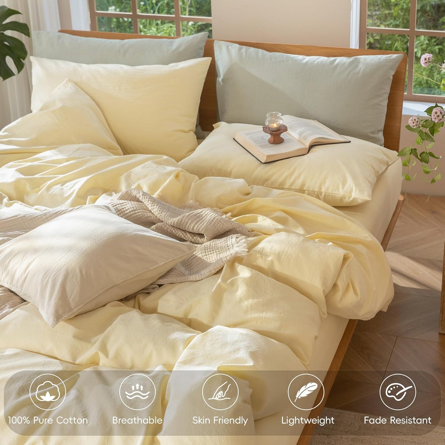 MooMee Bedding Duvet Cover Set 100% Washed Cotton Linen Like Textured Breathable Durable Soft Comfy (Heathered Butter Yellow, Oversized Queen 98"x98")