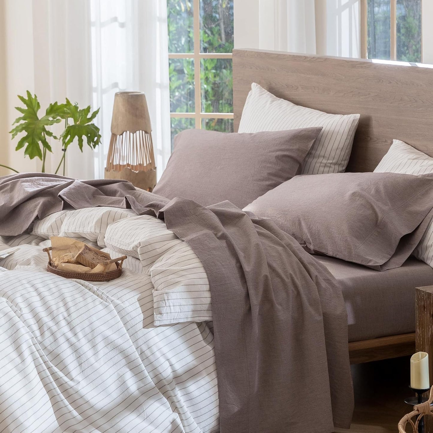 MooMee Bedding Sheet Set 100% Washed Cotton Linen Like Textured Breathable Durable Soft Comfy (Heathered Mauve Brown, Split King)